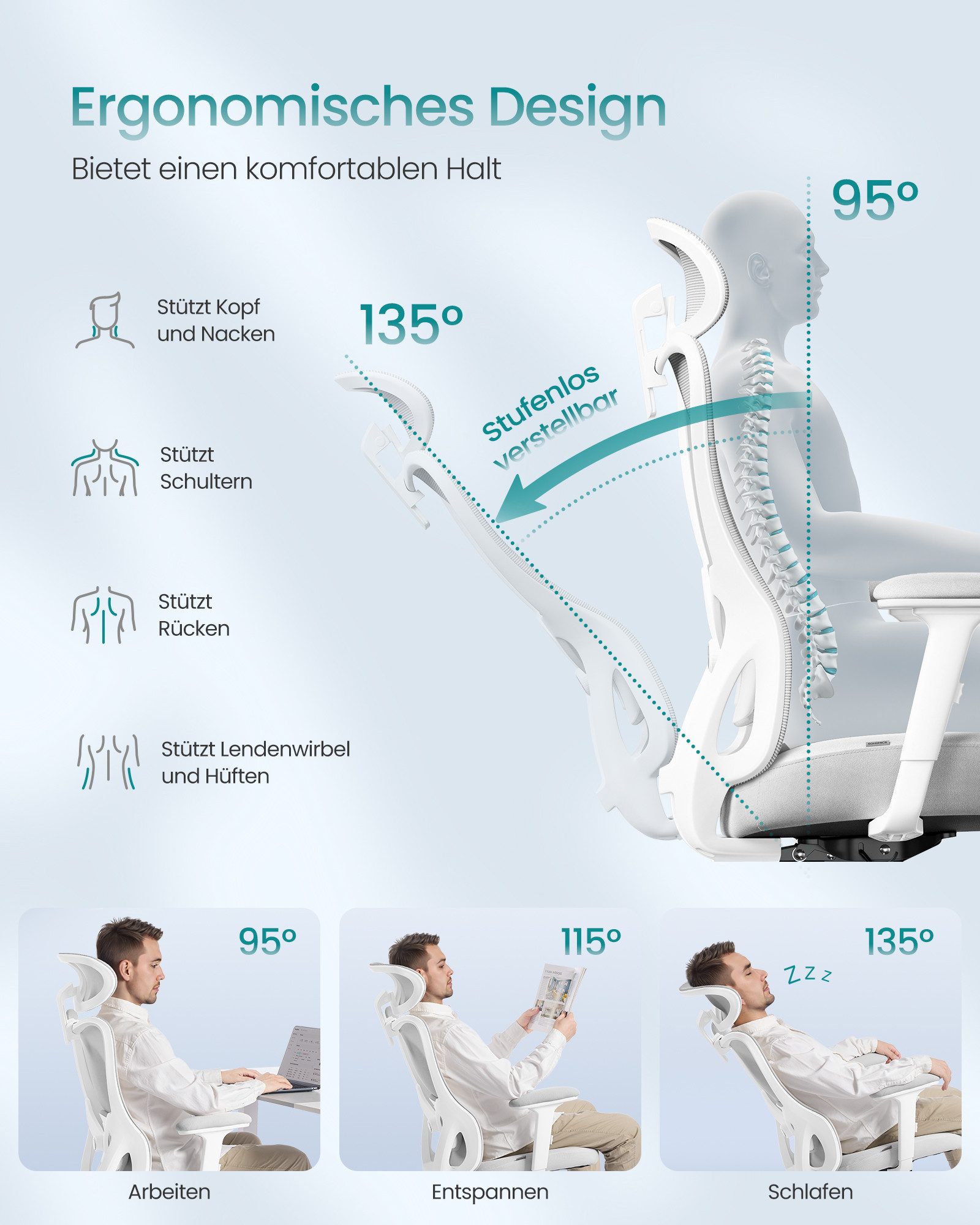 SONGMICS Bürostuhl, ergonomisch, Schreibtischstuhl, Computerstuhl, verstellbare Kopfstütze