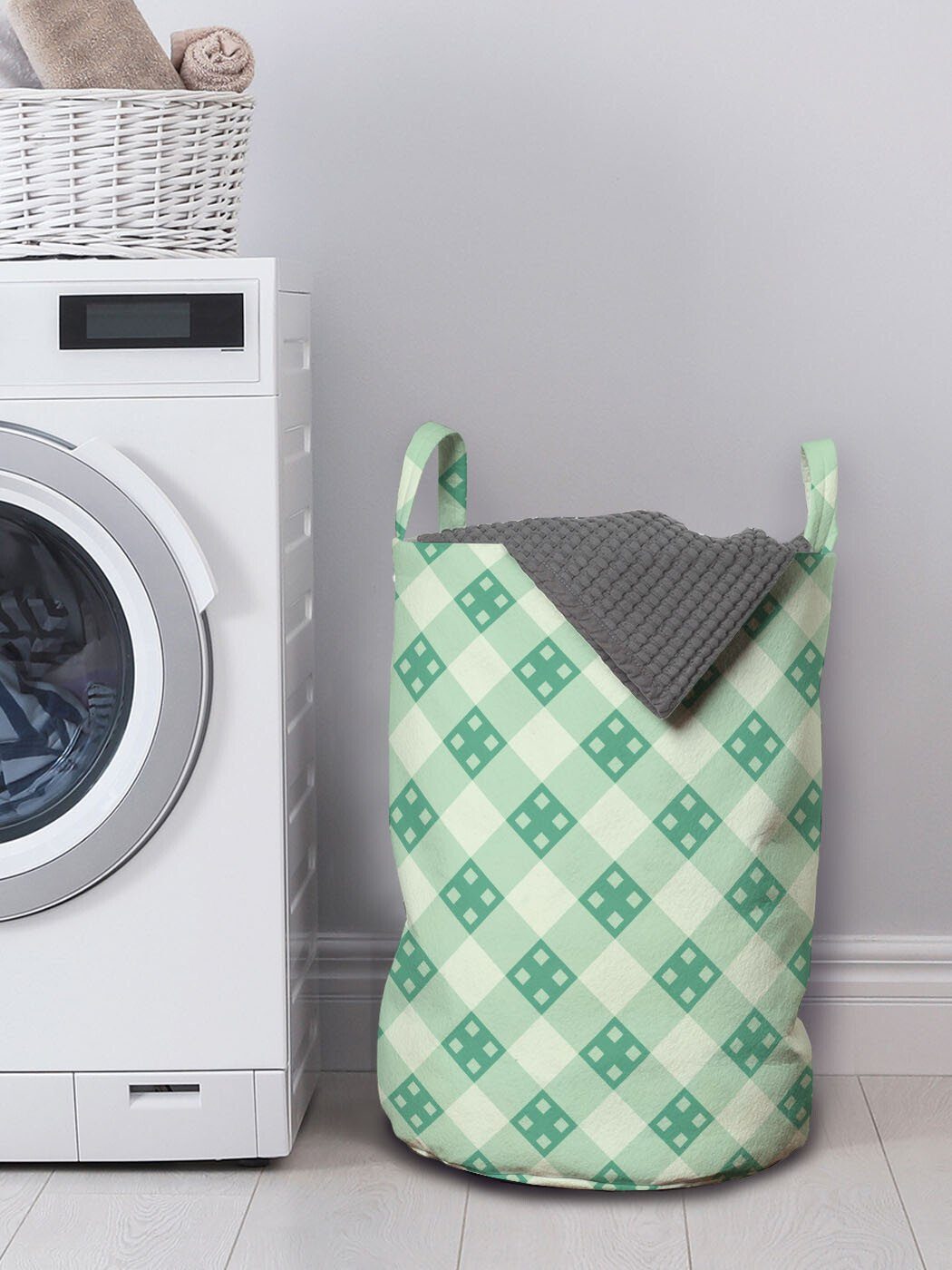 Wäschekorb Waschsalons, Gestreifte Fliese Wäschesäckchen für Abakuhaus Kordelzugverschluss Kariert mit Geometrische Griffen