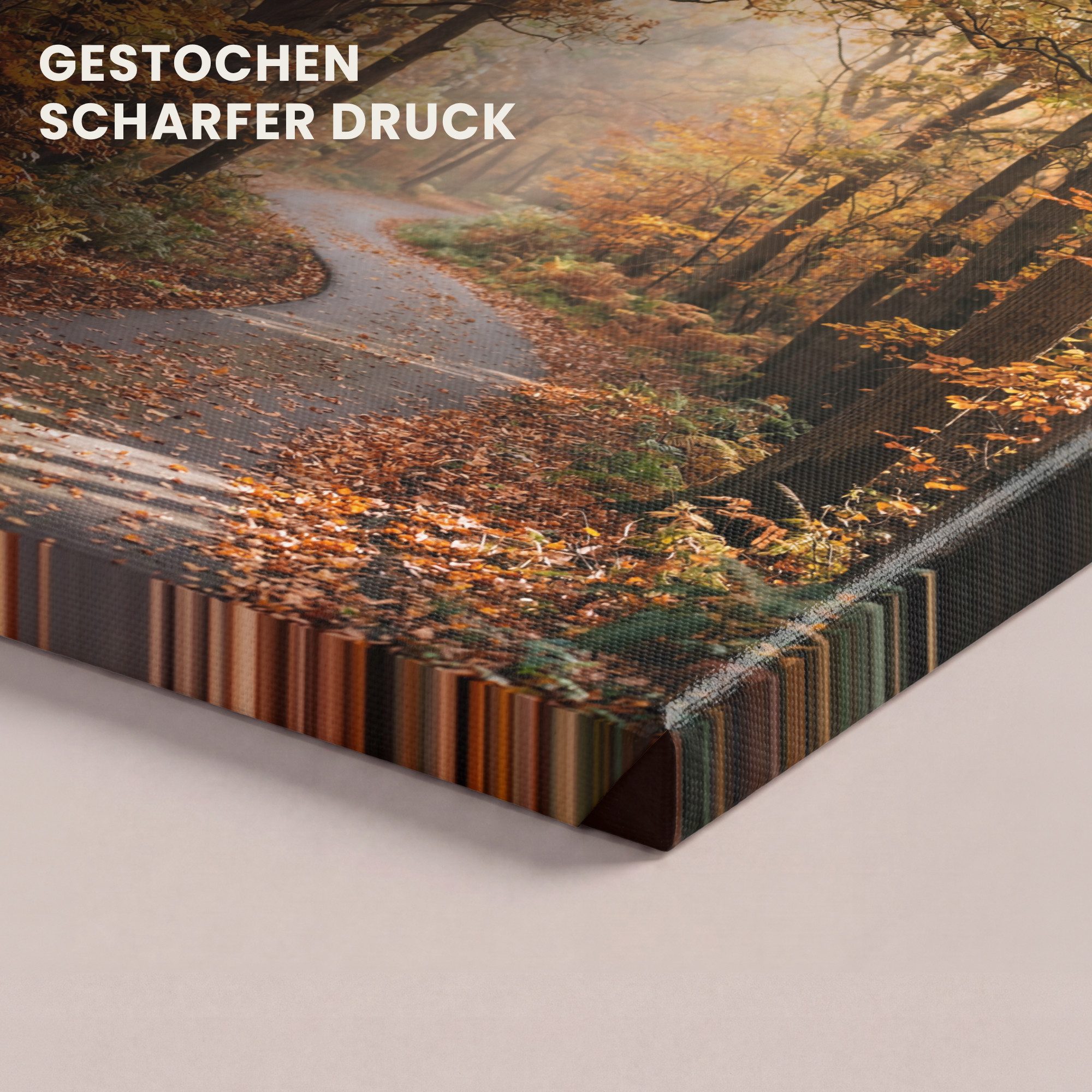 OneMillionCanvasses® Leinwandbild Waldweg - Herbstwald - Blätter - Orange - Nostalgisch, Fotodruck (1 St), Wandbild, Deko Schlafzimmer Wohnzimmer Flur 20x20 cm – Bild 3 von 5