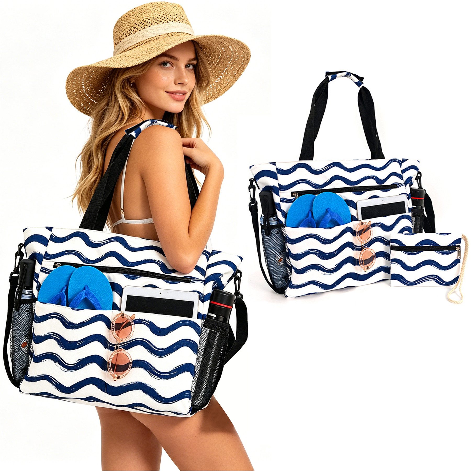 Mutig Strandtasche Große Strandtasche Damen mit Reißverschluss, Familie mit Kühlfach (Große Wasserdichte Strandtasche Damen, Shopper Tasche Handtasche Damen, XXL Familie, Badetasche Faltbar, Shopper Damen Groß Badetasche), mit Nassfach,für Strand Pool Picknick Reisen, Schwimmen,ins Schwimmbad
