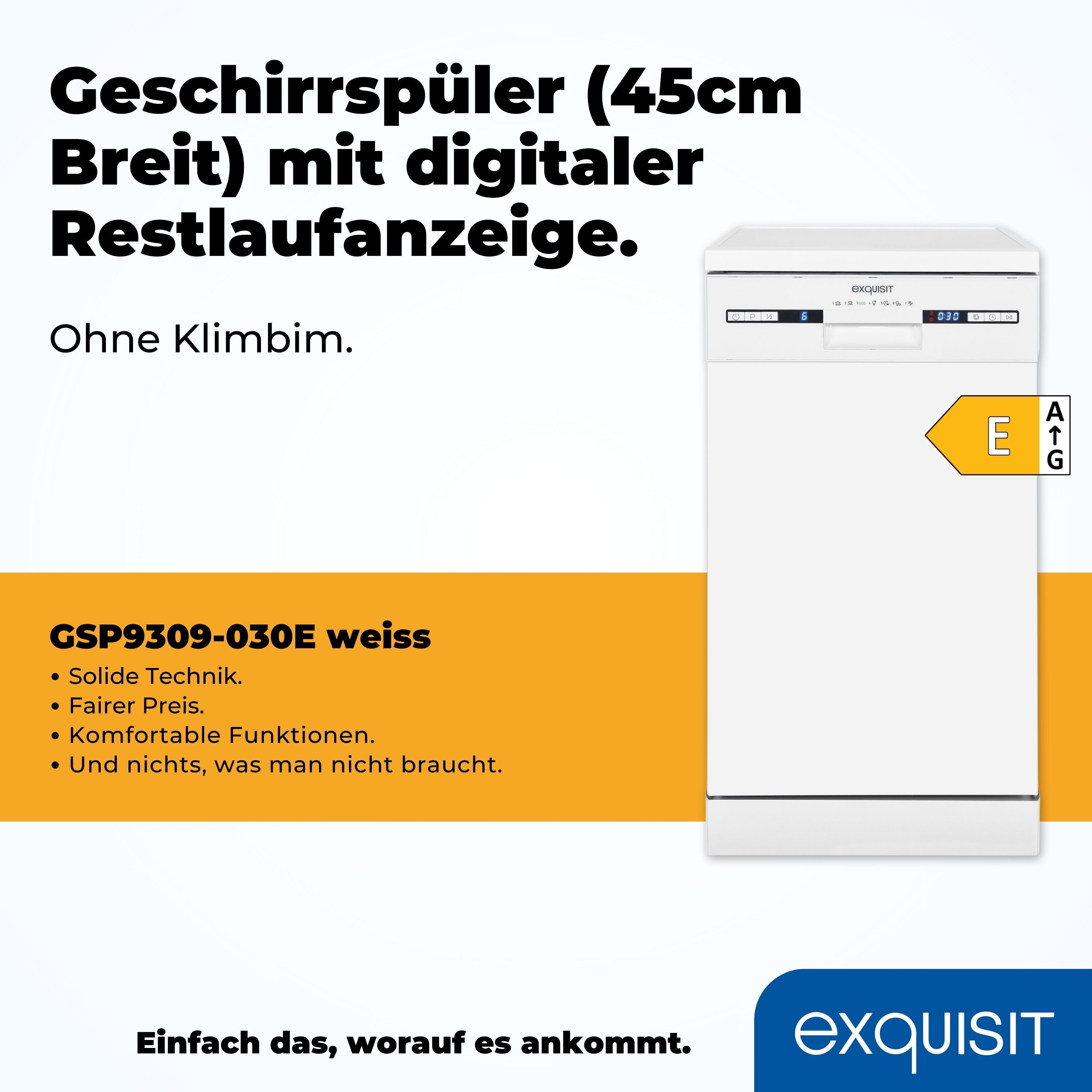 exquisit Standgeschirrspüler PLUS GSP9309-030E, 9 Maßgedecke, 45 cm, Unterbaufähig, einfache Bedienung, LED Display