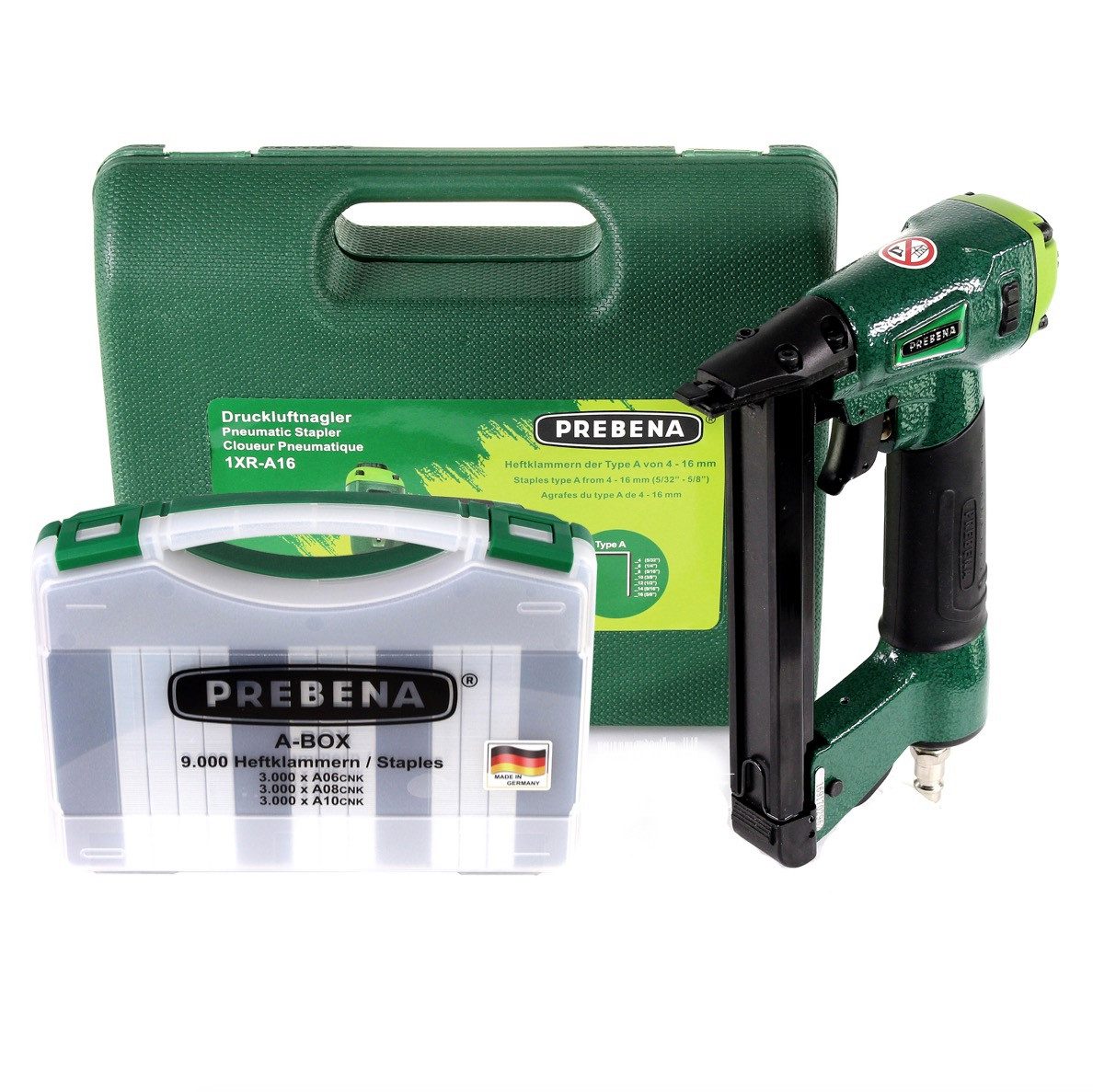 Prebena Druckluft-Nagler 1XR-A16 Luftdruck Druckluftnagler im Transportkoffer + A-BOX 9.000