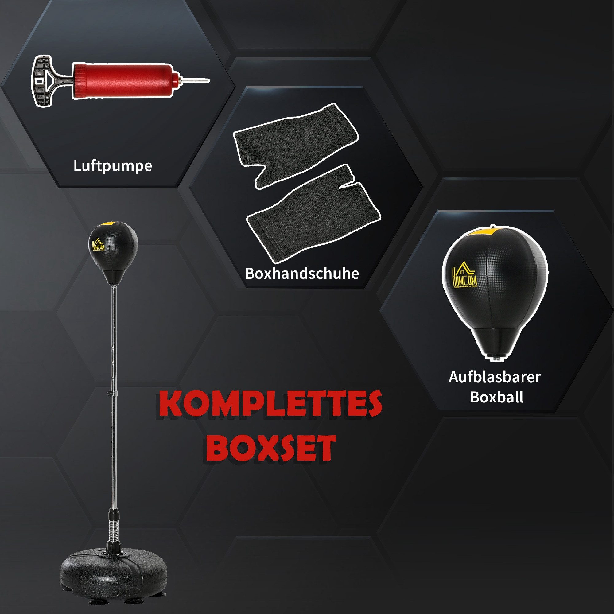 HOMCOM Punchingball Standbox Boxsack geeignet für Profis und Anfänger Schwarz (Set, 3-tlg., 1 x Boxball, 1 x Paar Handschuhe, 1 x Inflator), höhenverstellbar – Bild 5 von 5