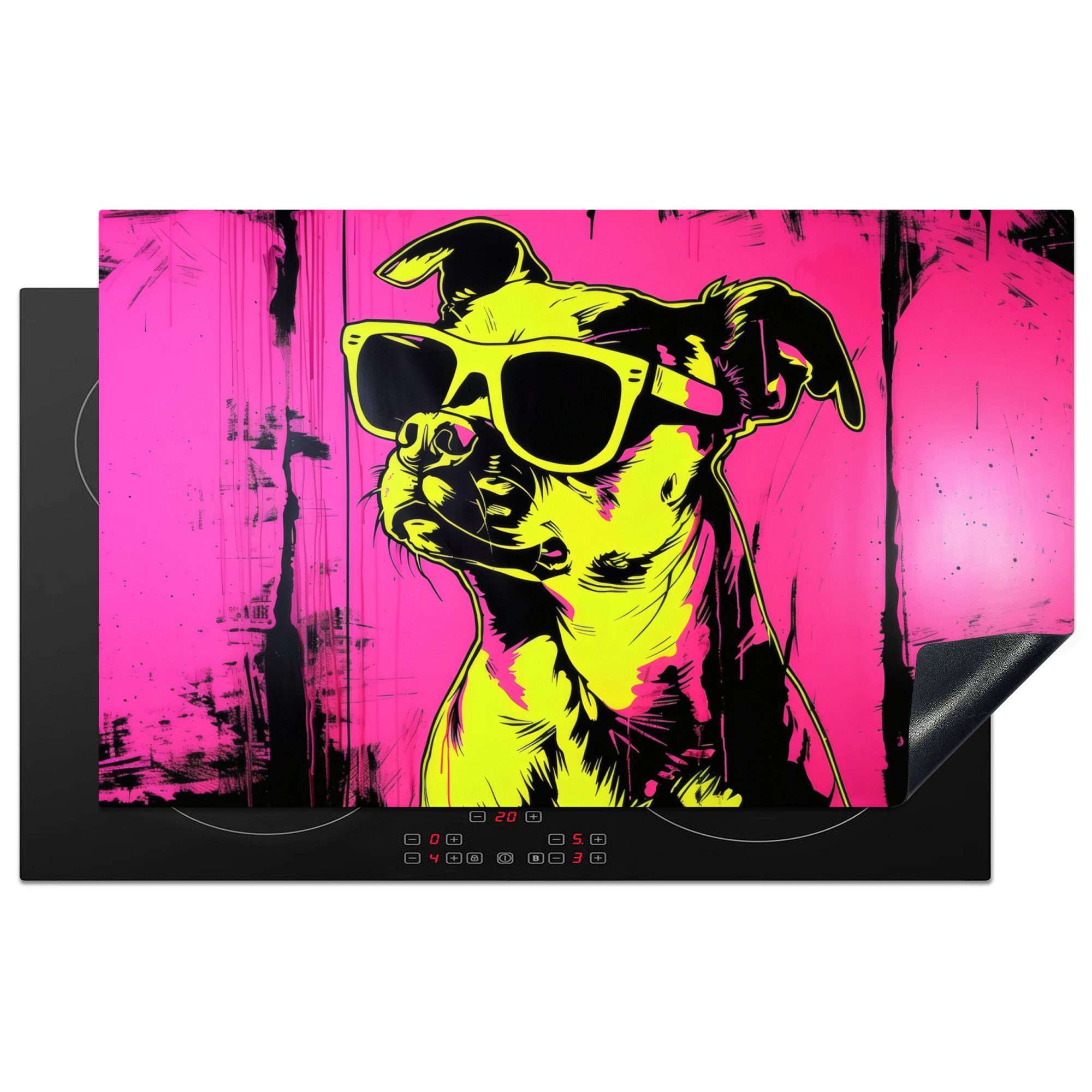 MuchoWow Herd-Abdeckplatte Hund - Sonnenbrille - Rosa - Kunst, Vinyl, (1 tlg), Herdplattenabdeckung für Ceranfeld, Herdplatten Vinyl, 83x51 cm