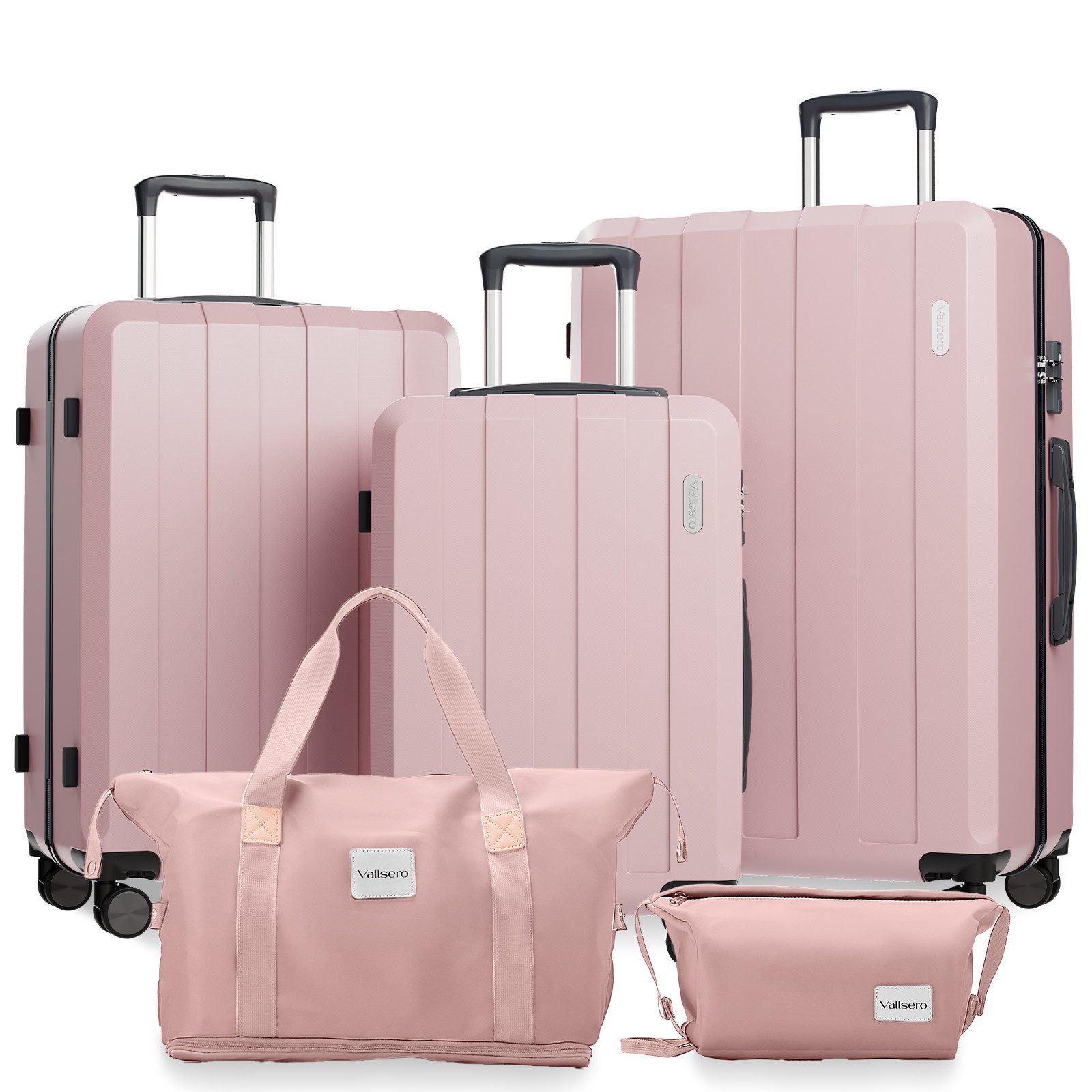 VALLSERO Trolleyset Koffer-Set( M,L,XL) Hartschalen-Koffer, Rollkoffer 5-teiliges Set, (Hartschalen Trolley + Schulranzen, Kosmetiktaschenset), Handgepäck 4 Rollen, ABS-Material, Schwarz/Pink