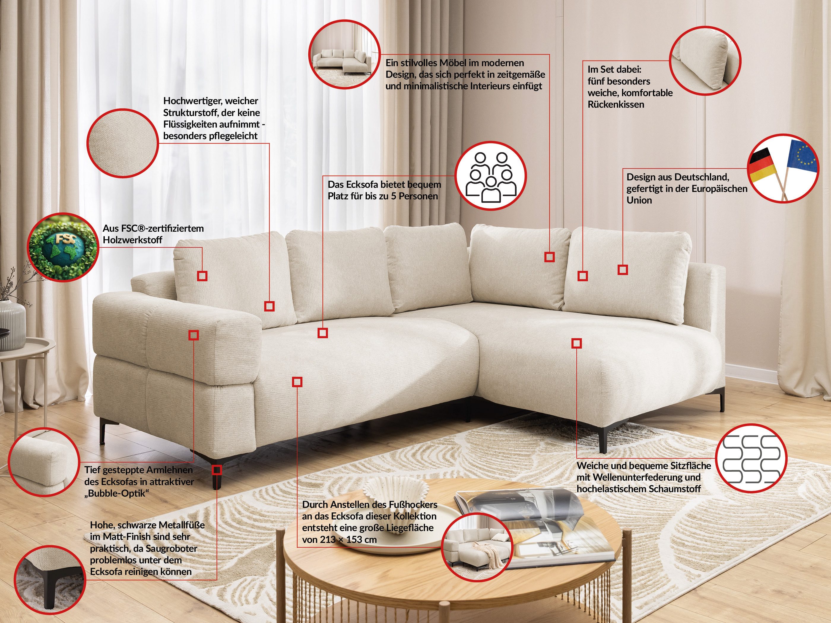 S-Style Möbel Ecksofa Cardea in Bubble-Optik aus weichem Strukturstoff mit hohem Sitzkomfort, mit Wellenfederung