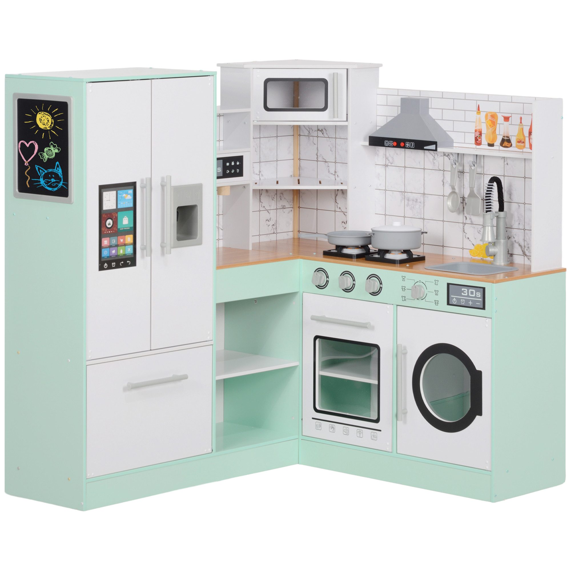 AIYAPLAY Spielküche Küche, Ecke Kinder Küche Spielplatz MDF, Edelstahl, mit Dunstabzugshaube, Eismaschine, Mikrowelle, Herd, Kühlschrank