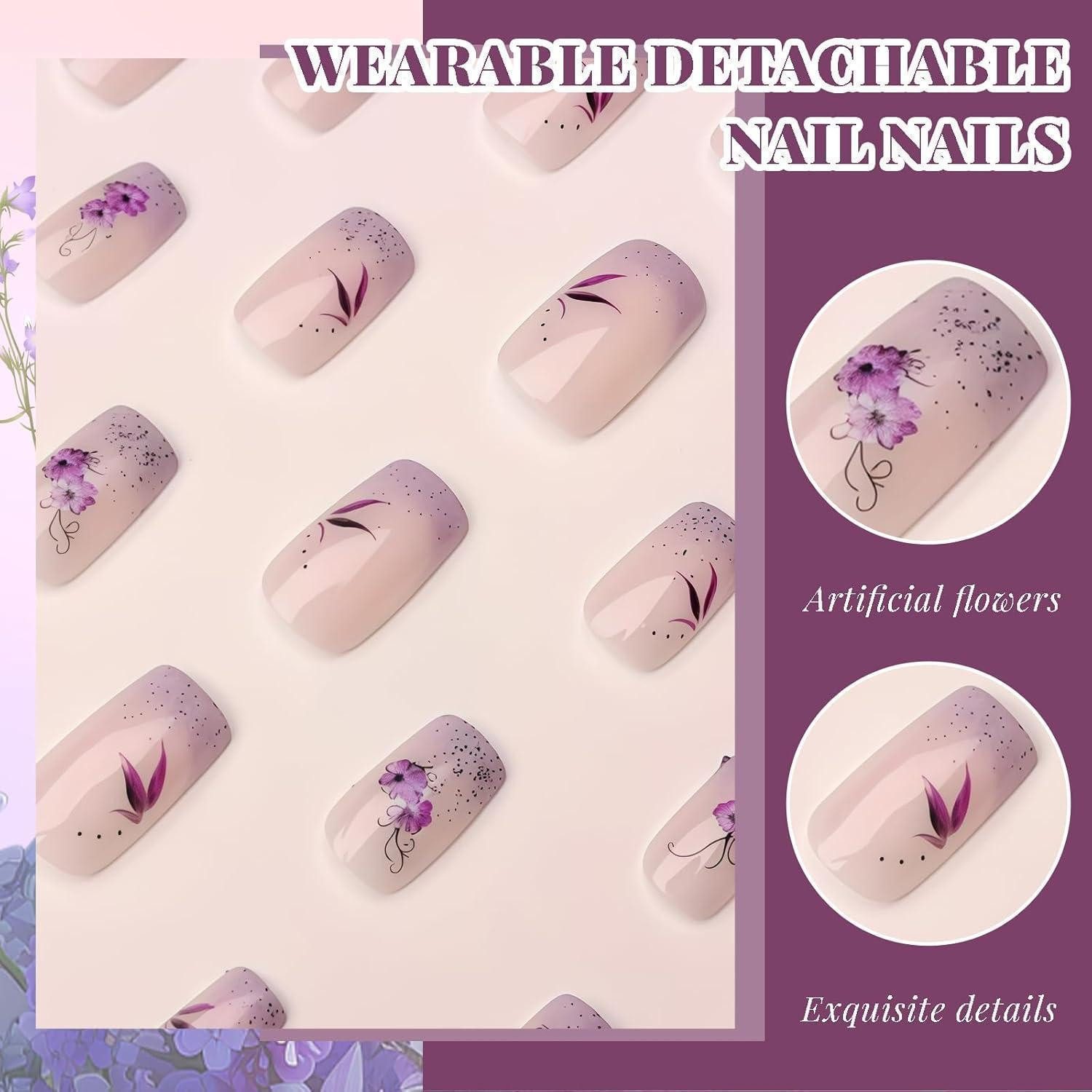 LuxusKollektion Kunstfingernägel Press On Nails 24 Stück Kurz Quadratisch French Lila Lila Blume