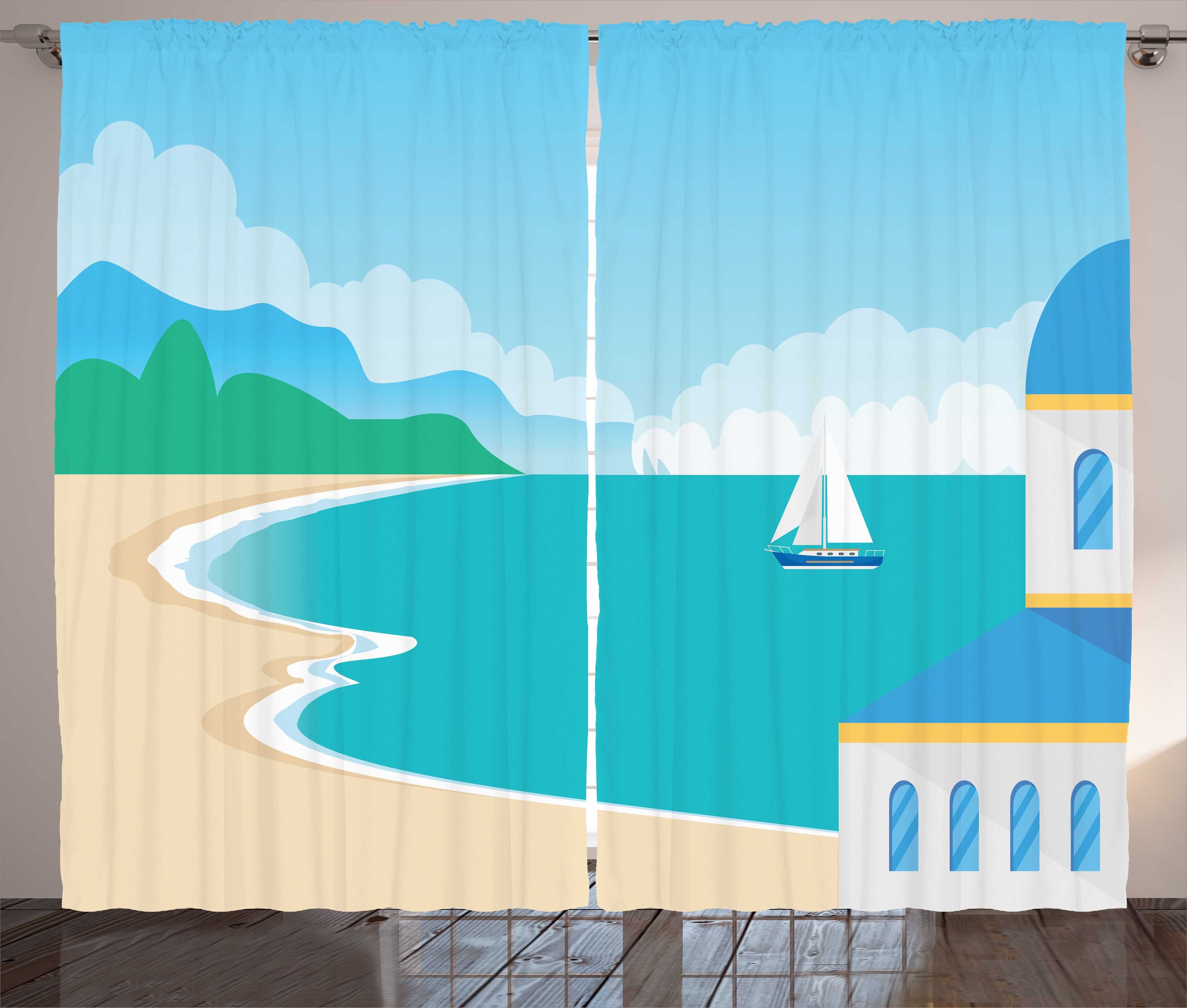 Schlaufen mit Vorhang Abakuhaus, Gardine Kräuselband Cartoon Seascape und Schlafzimmer Calm Haken, Grafik-Strand