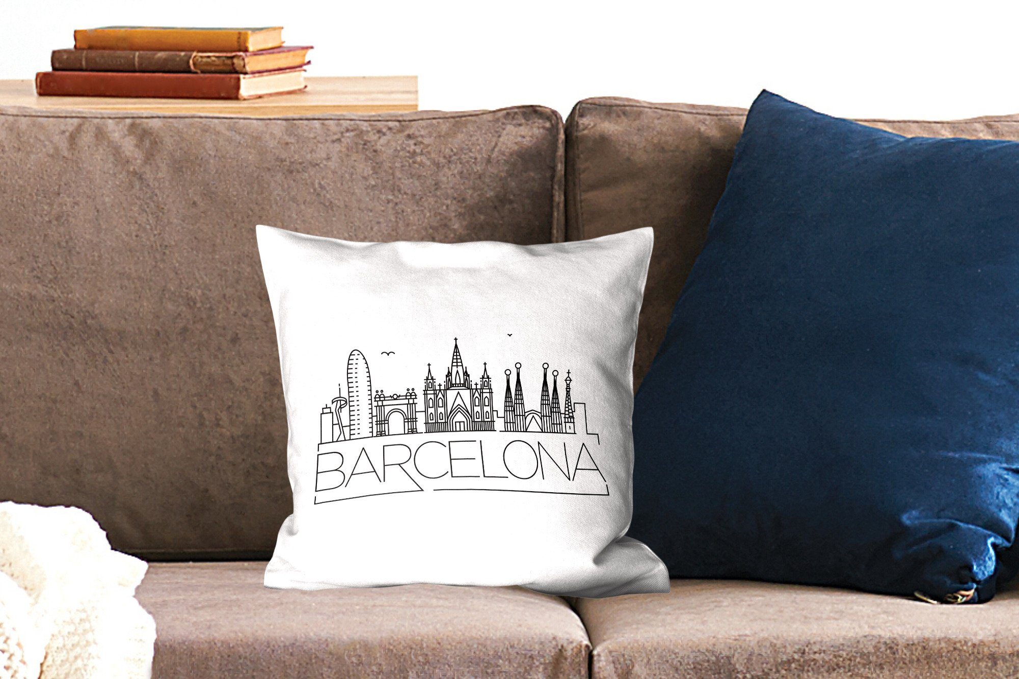 Sofakissen "Barcelona" Deko, für weiß, MuchoWow Schlafzimmer, Füllung Wohzimmer, mit Dekokissen Zierkissen Skyline