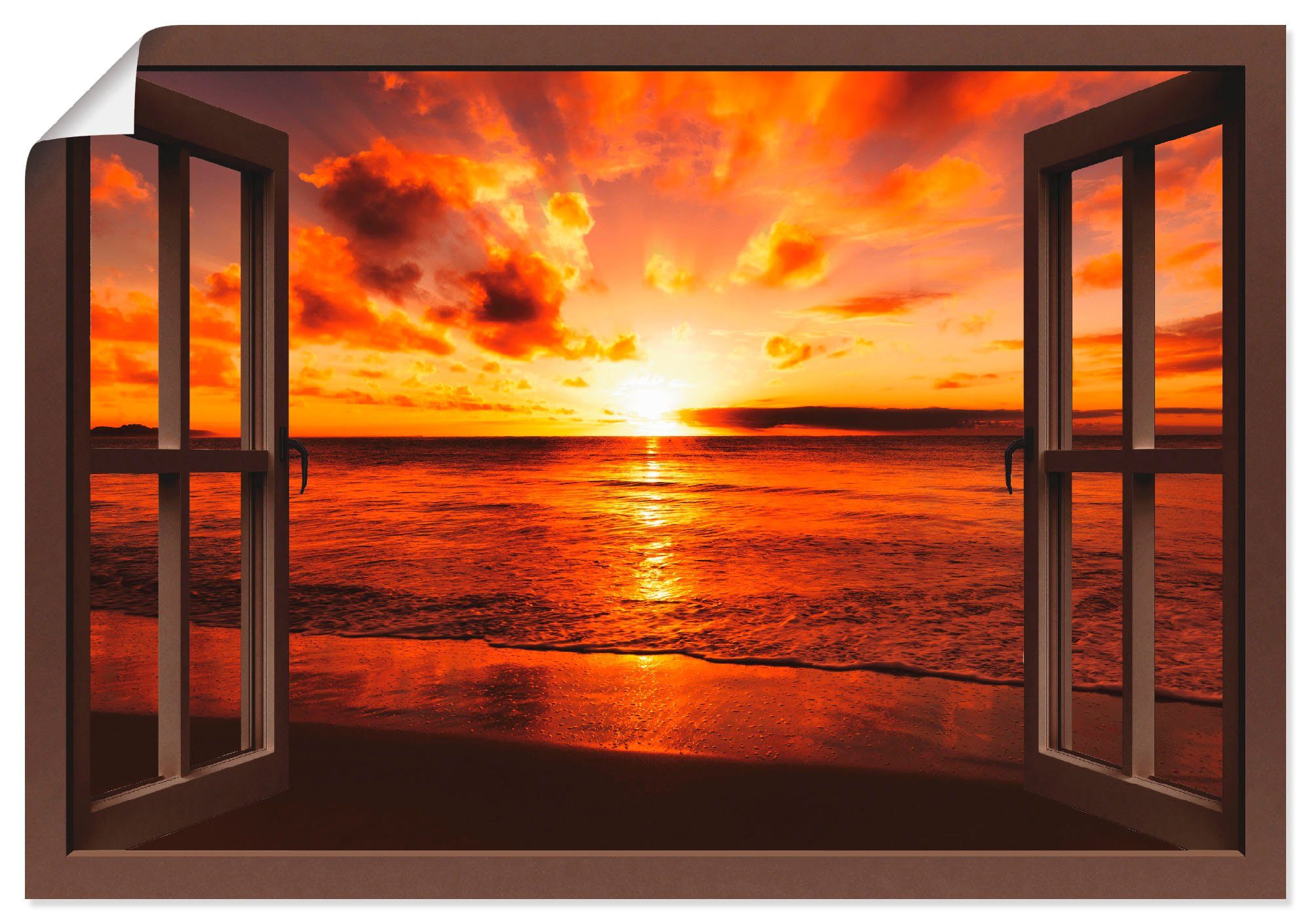 Artland Wandbild Fensterblick Sonnenuntergang am Strand, Fensterblick (1 St), als Leinwandbild, Poster, Wandaufkleber in verschied. Größen