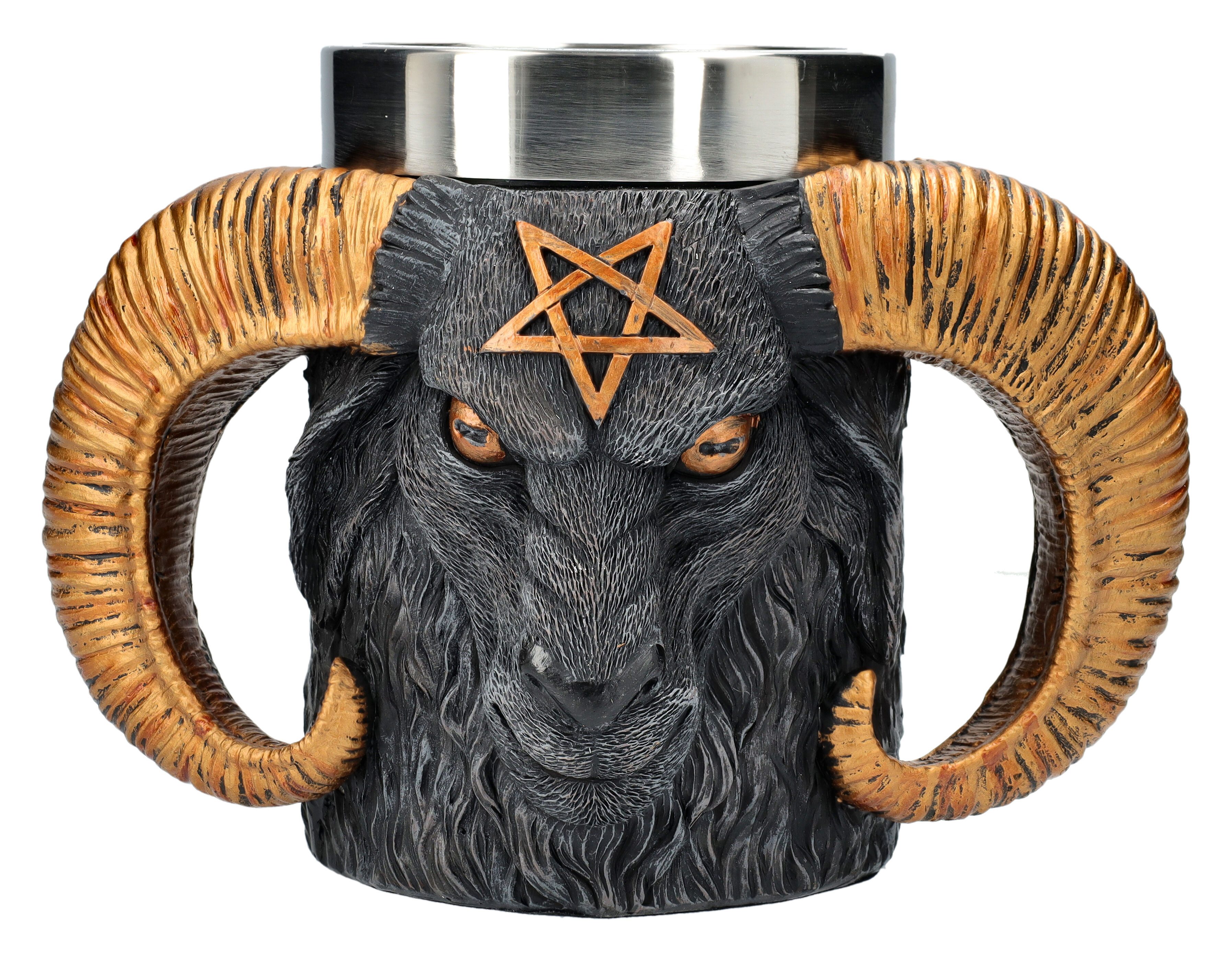 Figuren Shop GmbH Bierkrug Baphomet Trinkkrug – Okkult Ritualgefäß 14 cm 500 ml Gothic Bierkrug, Kunststein (Polyresin), Edelstahl