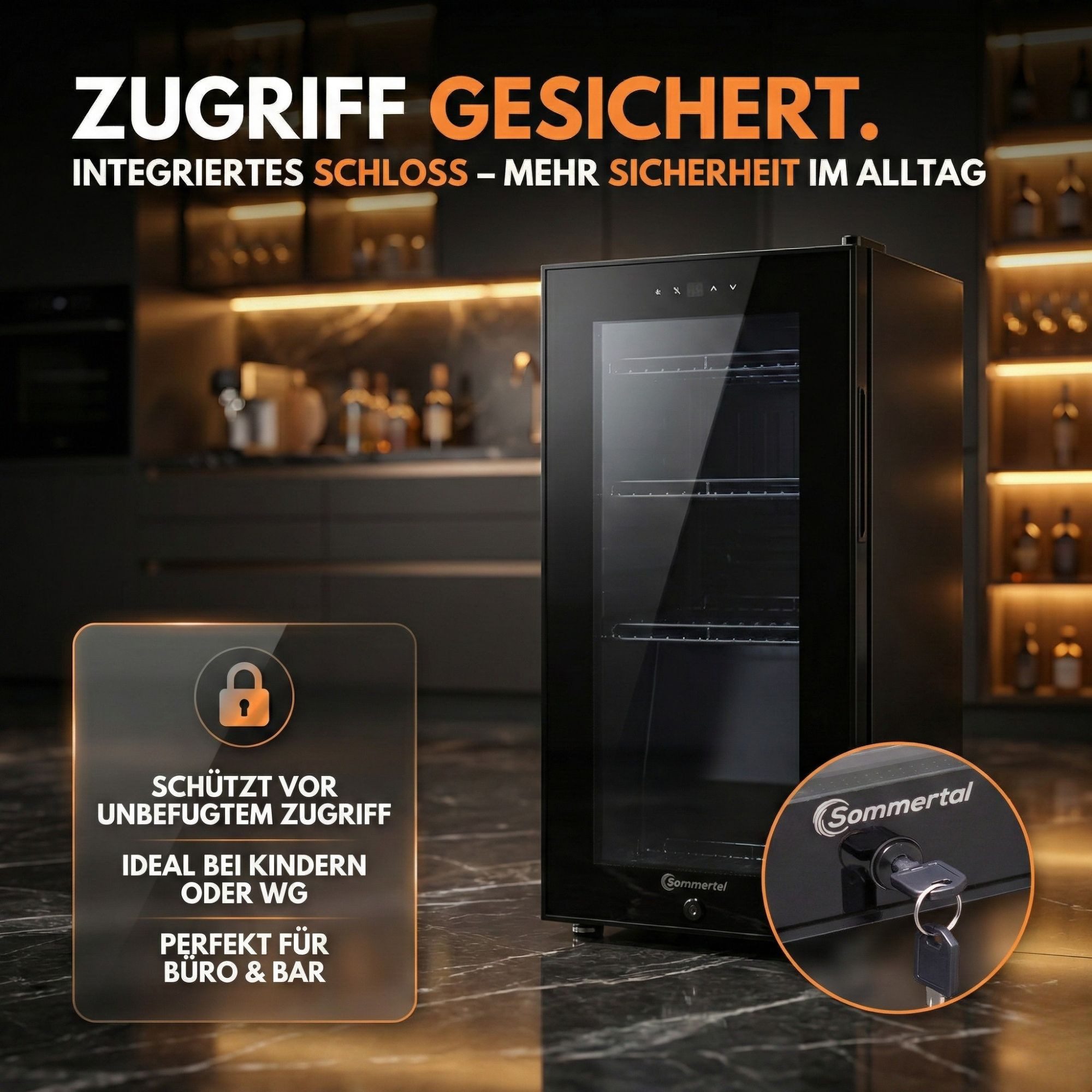 Sommertal Getränkekühlschrank GK50, 70 cm hoch, 35 cm breit, Touchscreen & Schloss kleiner Flaschenkühlschrank schwarz 50L – Bild 4 von 5