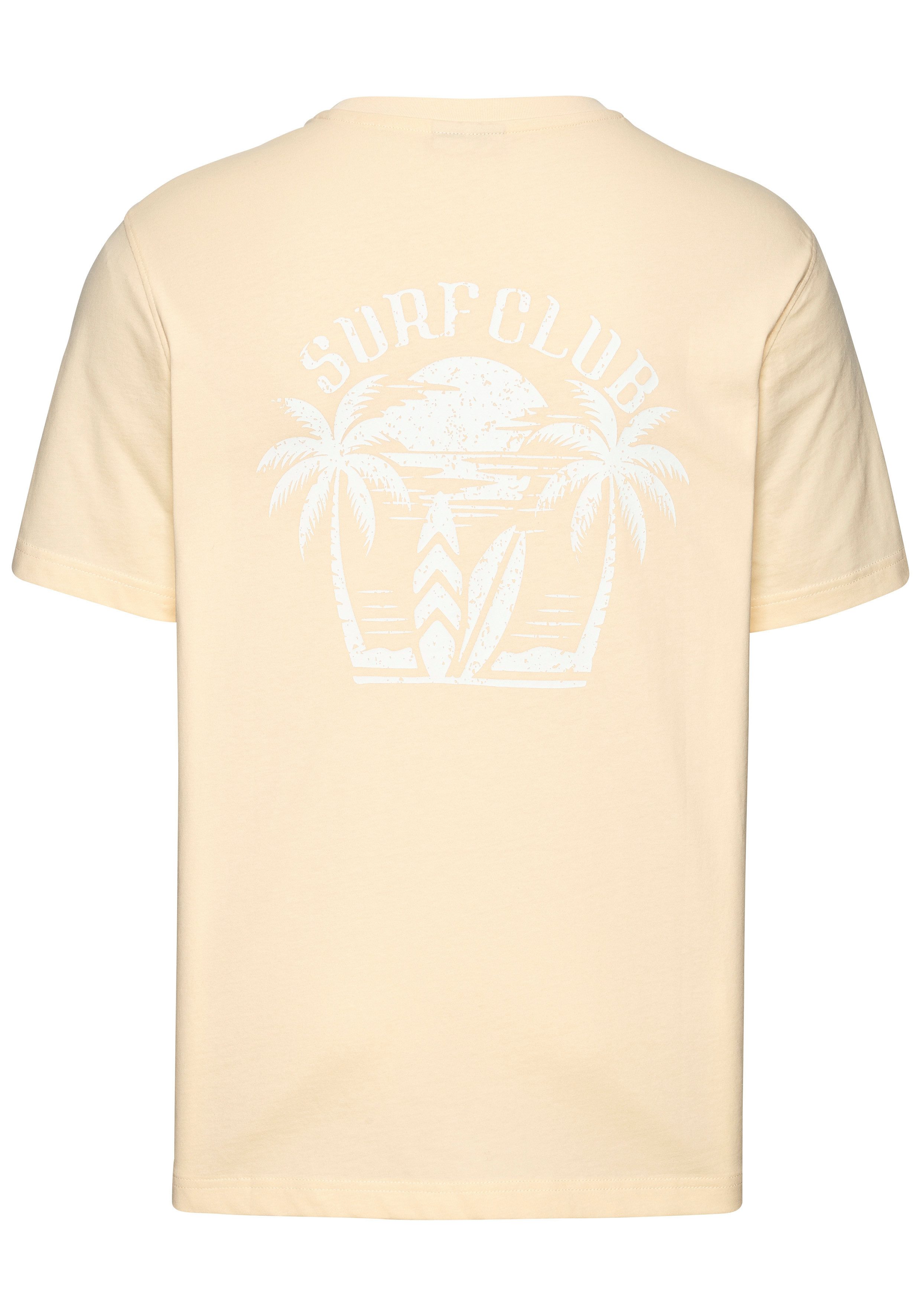 Beachtime T-Shirt, sommerliches Shirt mit modischem Surfer Print Regular-Fit, mit kleinem Print vorn und großem Print hinten