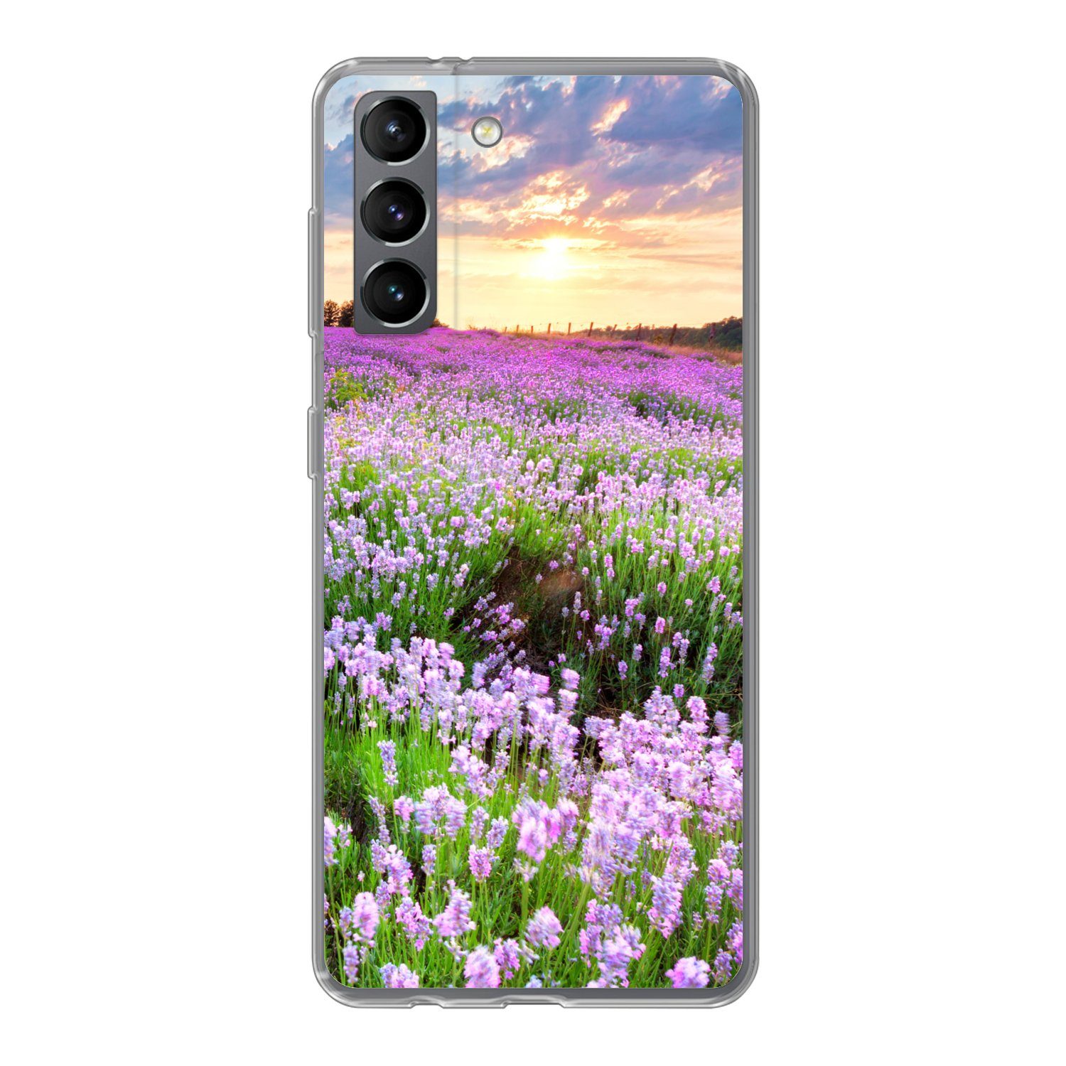 MuchoWow Handyhülle für Samsung Galaxy S21 Blumen - Lavendel - Lila - Himmel - Sonnenunter, Phone Case, Silikon, Schutzhülle Dünn