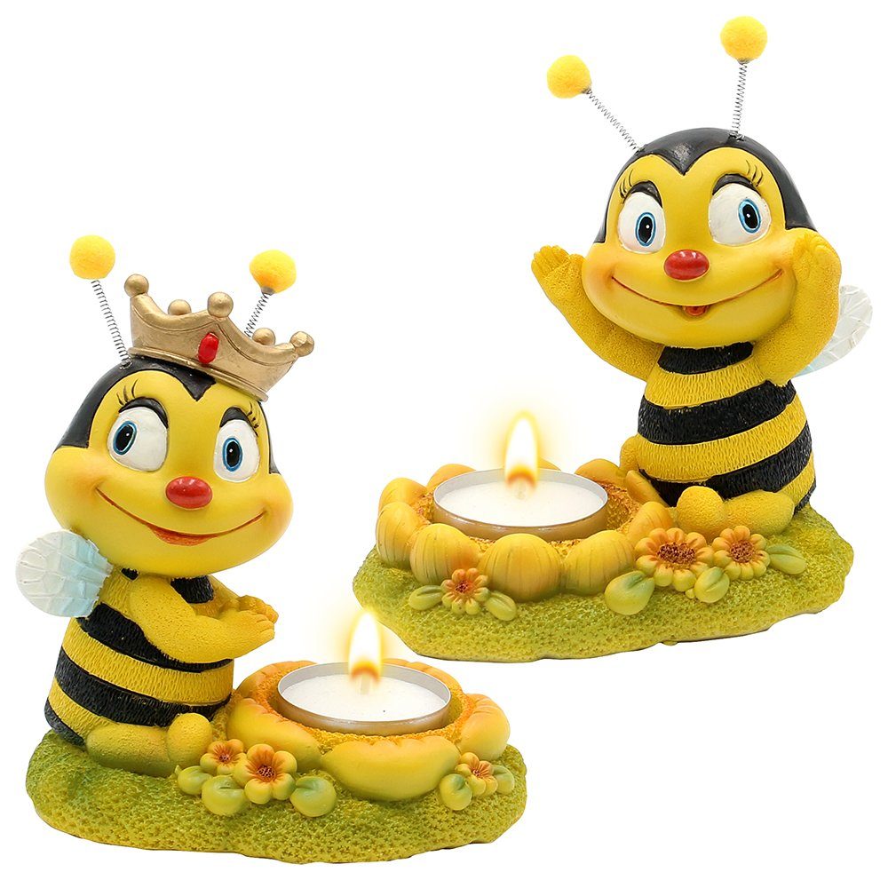 Dekohelden24 Gartenfigur Dekofigur Bienenpaar mit Teelichthalter, 2er Set, Gartendeko, Polyresi