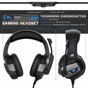 CSL Gaming-Headset (Blaue LED-Beleuchtung; Kopfbügel variabel verstellbar; Bietet kristallklaren Hoch-, Mittel- und Tieftonbereich + dynamische Basswiedergabe, Gaming Headset "GHS-221" Mikrofon AUX geeignet für PC/ PS4/ PS4 Pro)