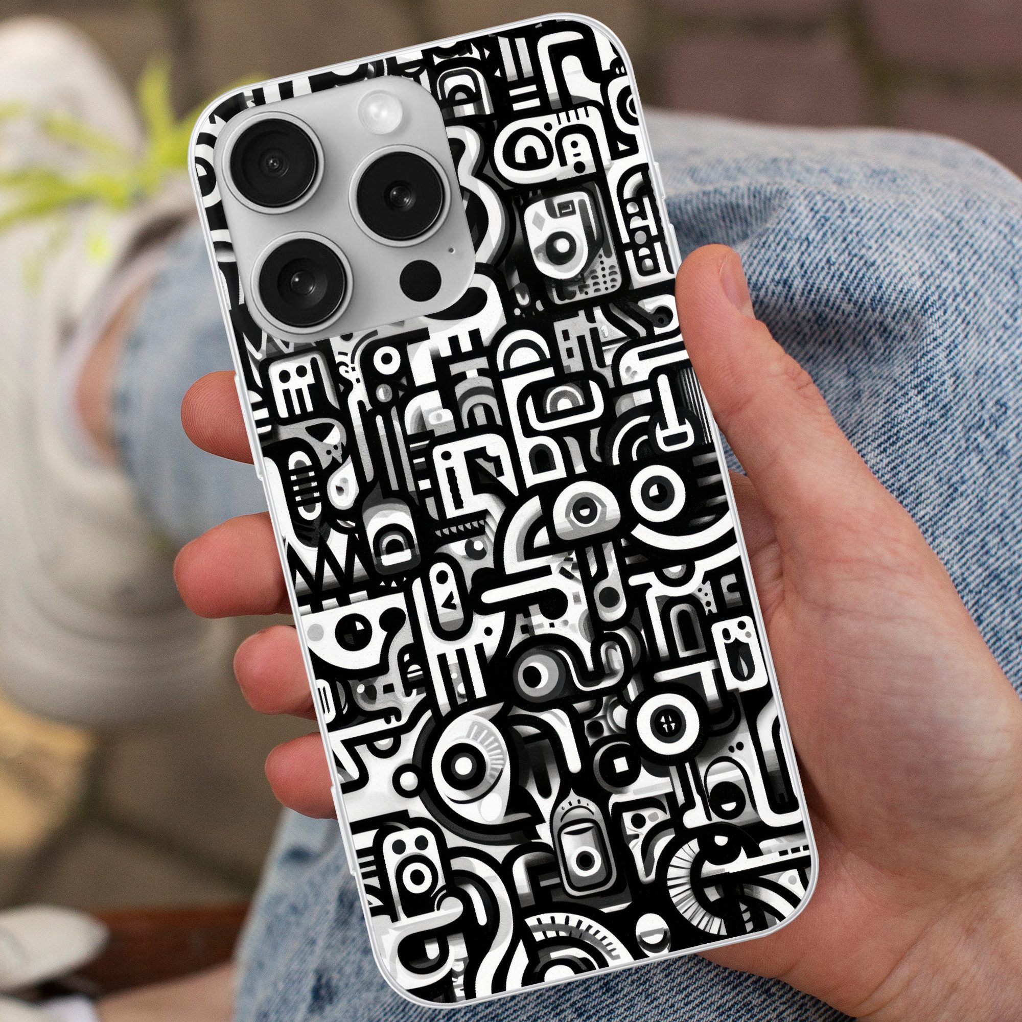 MuchoWow Handyhülle für Apple iPhone 16 Pro Symbole - Abstrakt - Grafik - Schwarz, Smartphone-Bumper, Print, Handy Schutzhülle Dünn