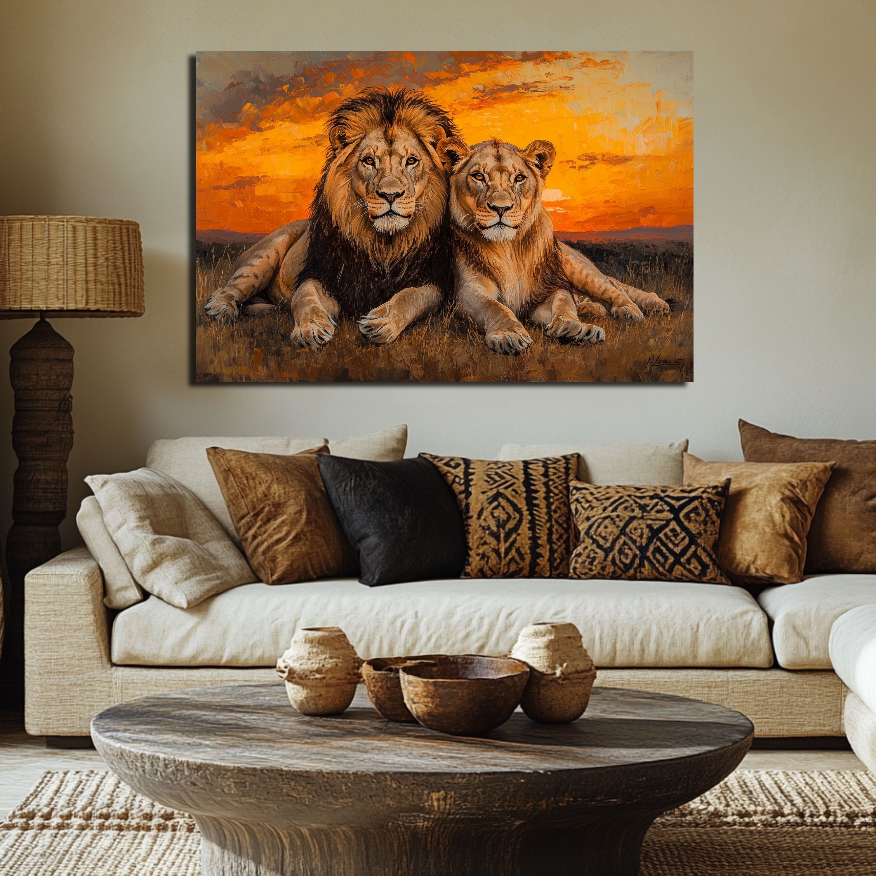 DARO Design Leinwandbild Modern Abstrakt Wandbilder XXL Wandbild Wand Deko Leinwand Bilder, (Löwenpaar Sonnenuntergang - Bild groß Wohnzimmer Schlafzimmer Küche – Bild 3 von 5