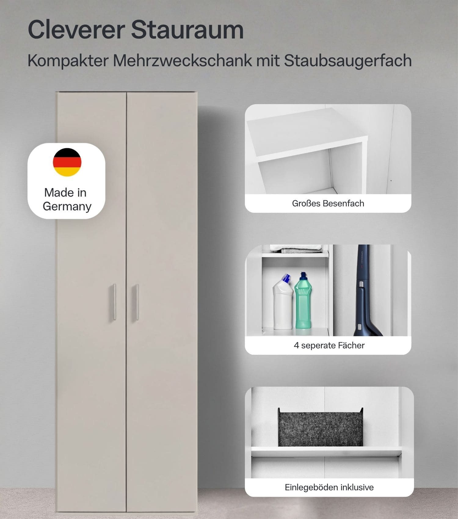 mokebo Mehrzweckschrank Der Lange (60x180 cm, mit Staubsaugerfach) Made in Germany Schrank