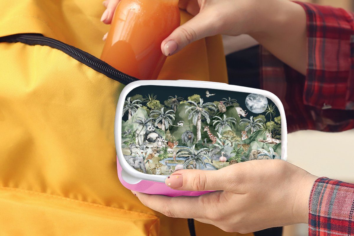 MuchoWow Lunchbox - Pflanzen, (2-tlg), Natur Kunststoff - Mädchen, Dschungel Erwachsene, Tiere - Snackbox, Kinder Kunststoff, rosa Brotdose - Kinder, Brotbox für