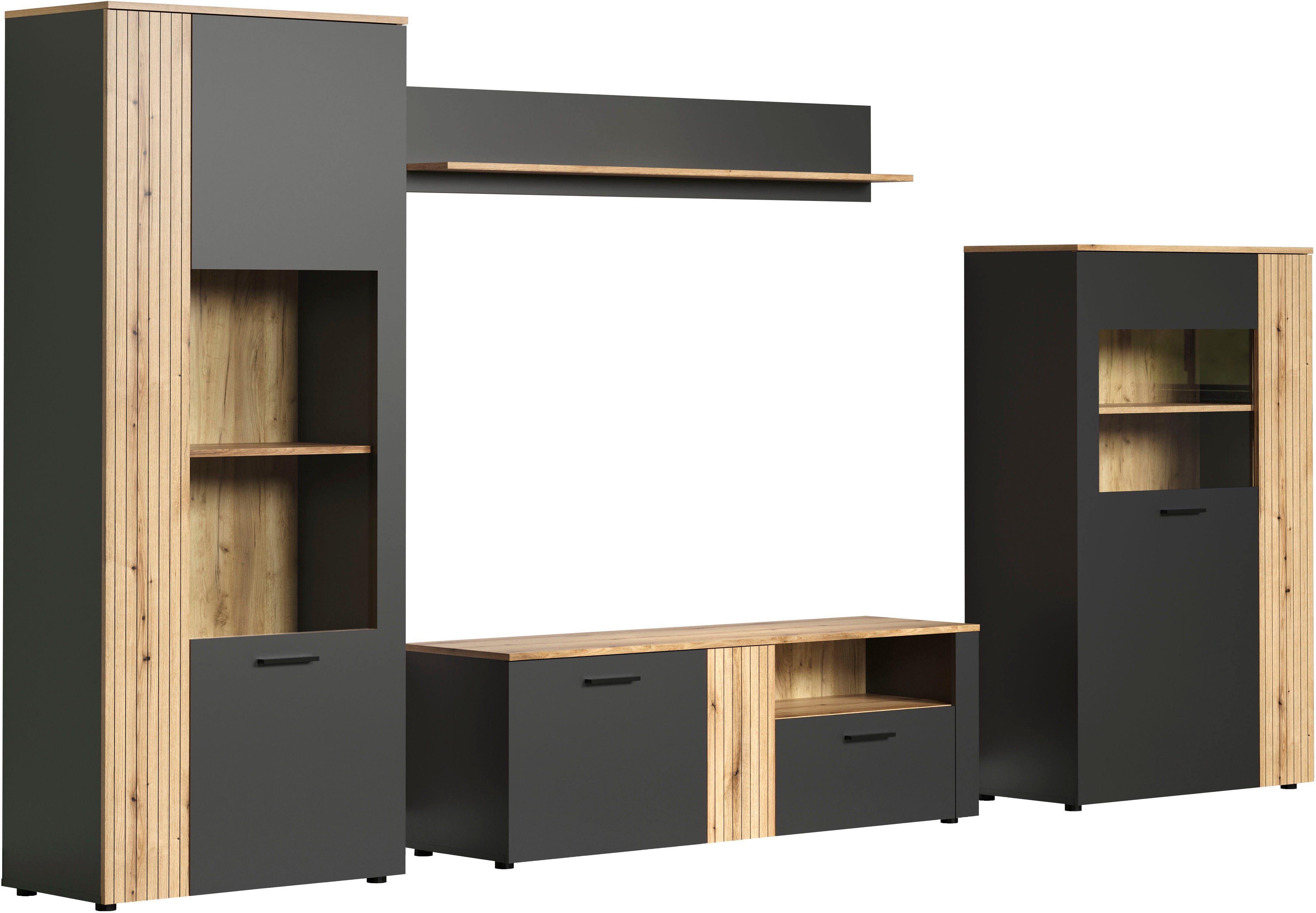 Home affaire Wohnwand Estepona, (Komplett-Set, 4-St), Wohnzimmermöbel mit Rillenoptik - (B/T/H): 340/42/195 cm