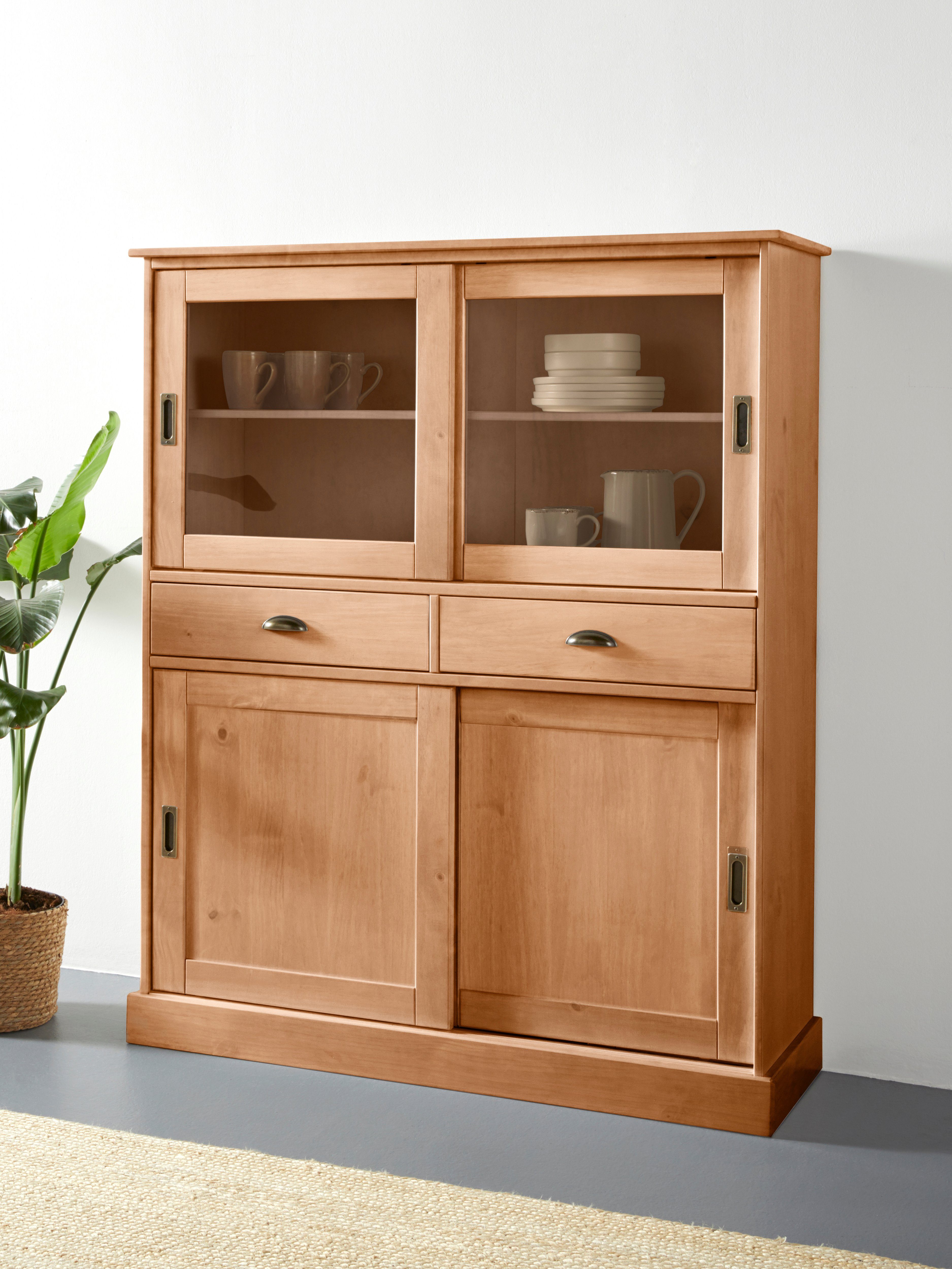 Home affaire Highboard Schröder, mit 2 Glas- u. 2 Holztüren, 2 Schubkasten, aus massivem Kiefernholz