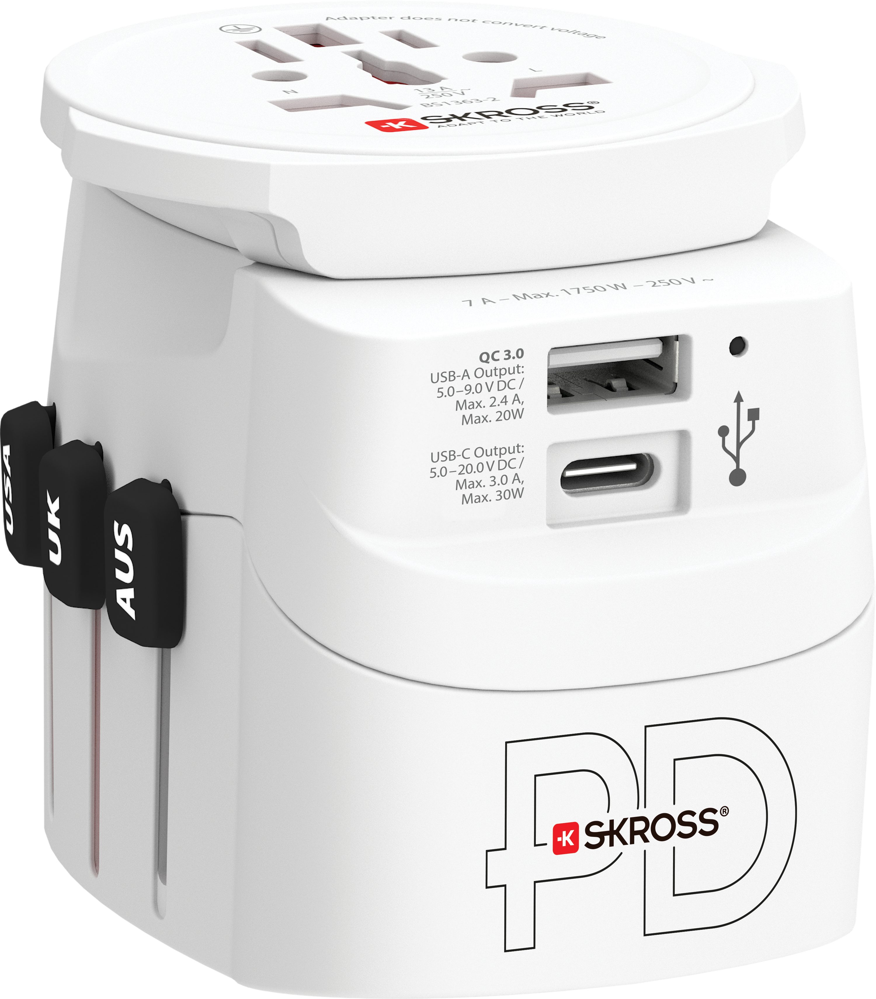 SKROSS Pro Light USB AC30PD - World Travel Reiseadapter USA, UK, Australien/China, Europa (Schuko) zu Schuko & 2-Pol Euro, Universaler Steckdosenadapter