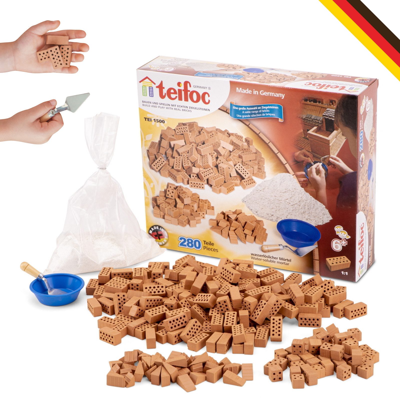 teifoc Großes Kreativset Steinbaukasten, (Bastelset mit echten Miniatur-Ziegelsteinen, 192 St., Montessori Lernspielzeug), Made in Germany