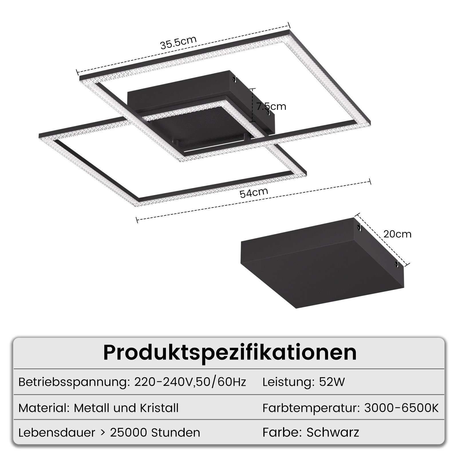 Dimmbar ZMH Kristall Quadratisch Deckenleuchte Schwarz Design mit fest 2 integriert, warmweiß-kaltweiß, LED 52W, LED Modern Fernbedienung