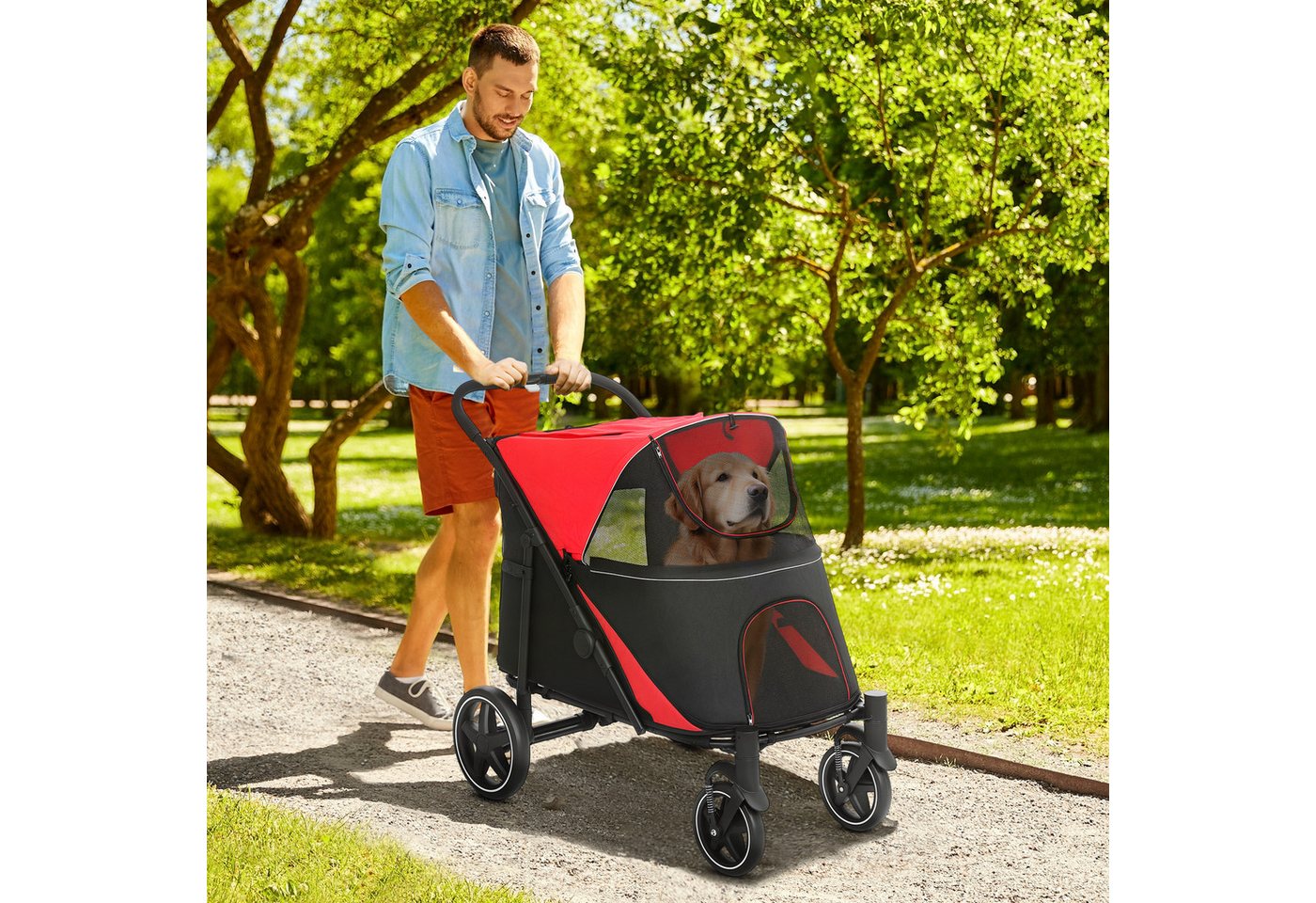 PawHut Hundebuggy Hundetrolley, Katzenbuggy mit Netzfenster und Sicherheitsleinen, (Hundewagen, 1-tlg), für große und mittelgroße Hunde, Oxfordstoff, Rot