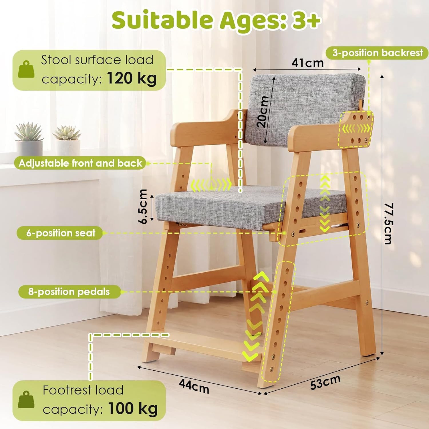 TLGREEN Kinderstuhl Höhenverstellbarer Kinderstuhl aus Buche (Mitwachsender Kinderstuhl für Kinder ab 3 Jahren), Stabiler Essstuhl & Schreibtischstuhl bis 120 kg