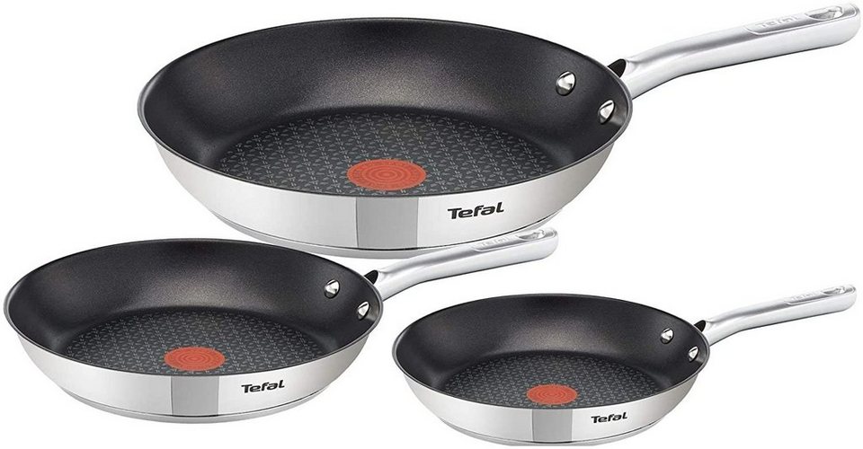 Tefal Pfannen-Set Duetto-Set, Edelstahl (3-tlg), 20/24/28 cm,  Antihaft-Beschichtung, Thermo-Signal-Technologie, induktionsgeeignet, für  alle Herdarten, Edelstahl/Schwarz