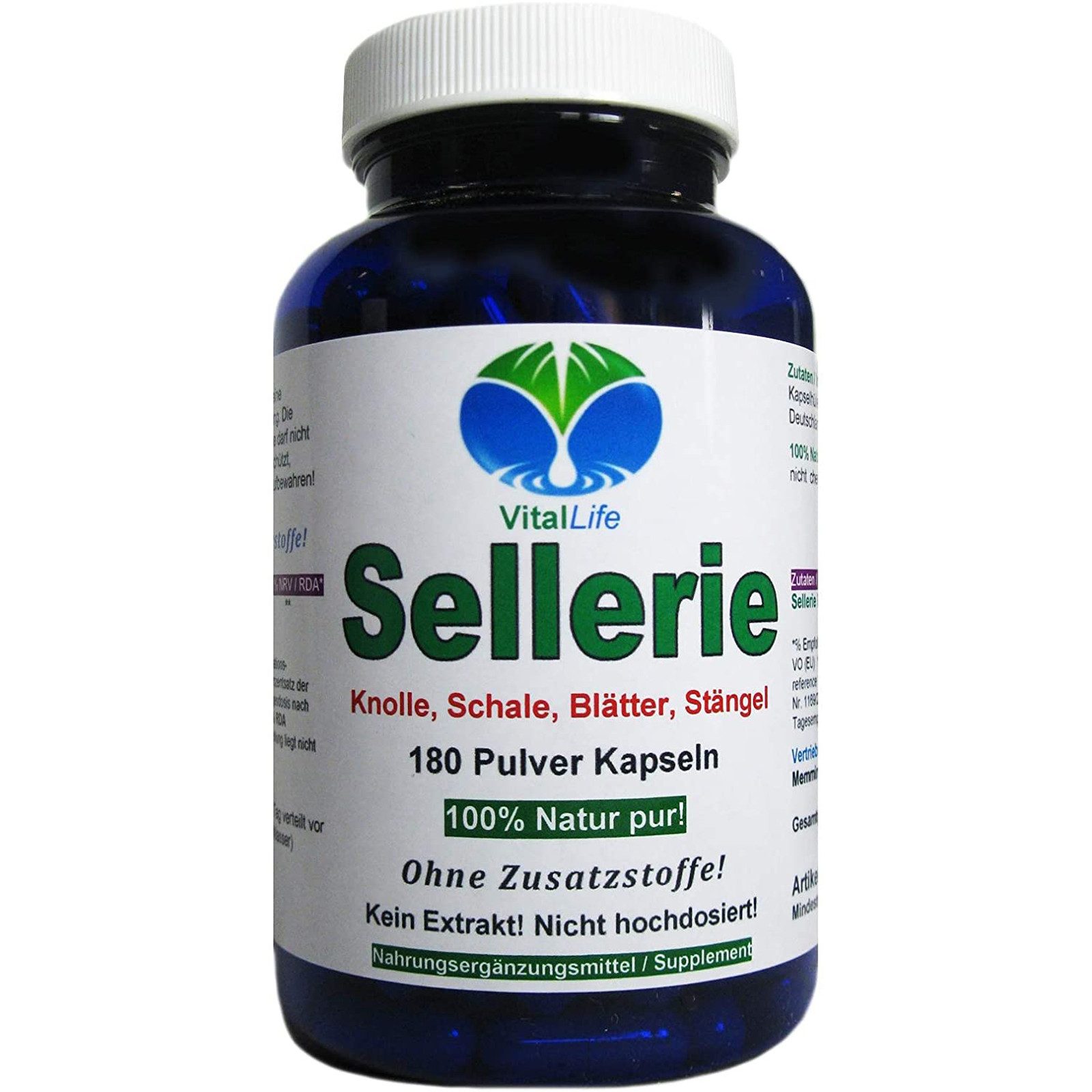 VitalLife Sellerie – Wurzel, Knolle, Stängel & Blätter - Ohne Zusatzstoffe Kapseln, 1 er Dose à 180 St., 97 g, Art. 26319-180