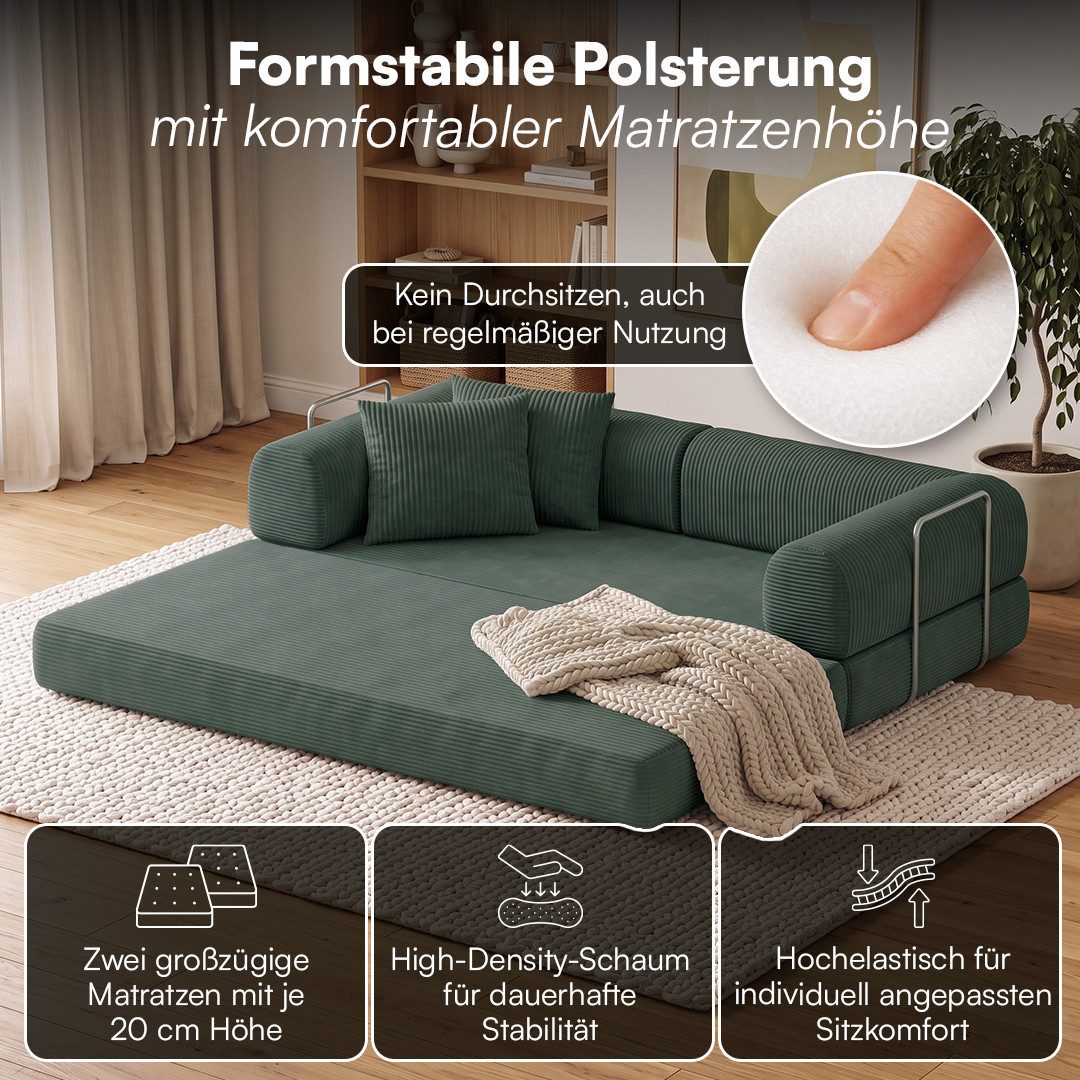 skølm Sofa & Sessel Lofn aus Vollschaum Cord, umwandelbar zum Schlafsofa/-Sessel, Dunkelgrün, Cordsofa 200 cm breit, 2 Sitzer, kein Aufbau erforderlich, vakuumi – Bild 2 von 5