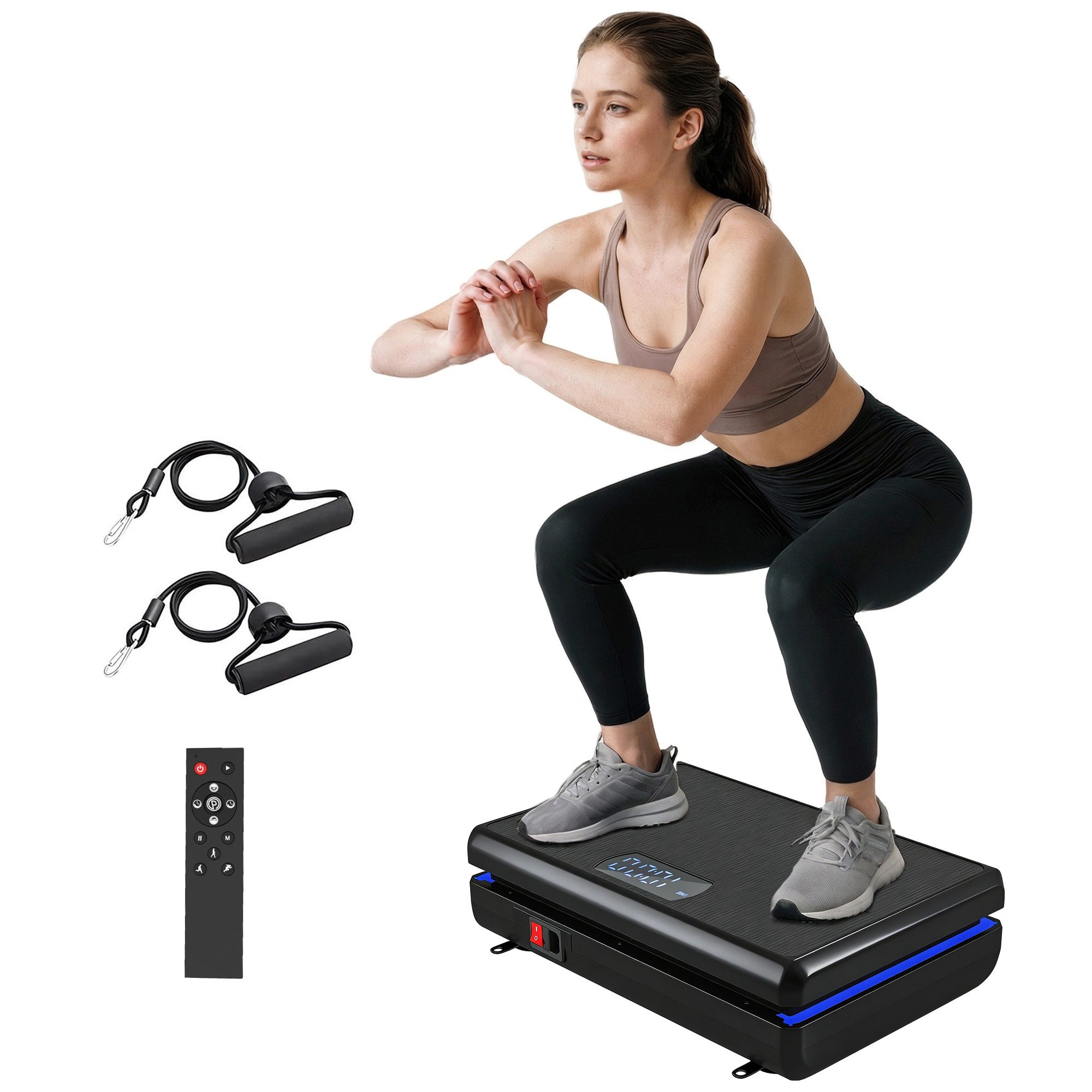 SPORTNOW Heimtrainer mit 120 Intensitätsstufen, 5 Vorprogramm, Widerstandsbänder (Rüttelplatte, 4-tlg., Vibrationsplatte), für Muskelaufbau Ganzkörpertraining