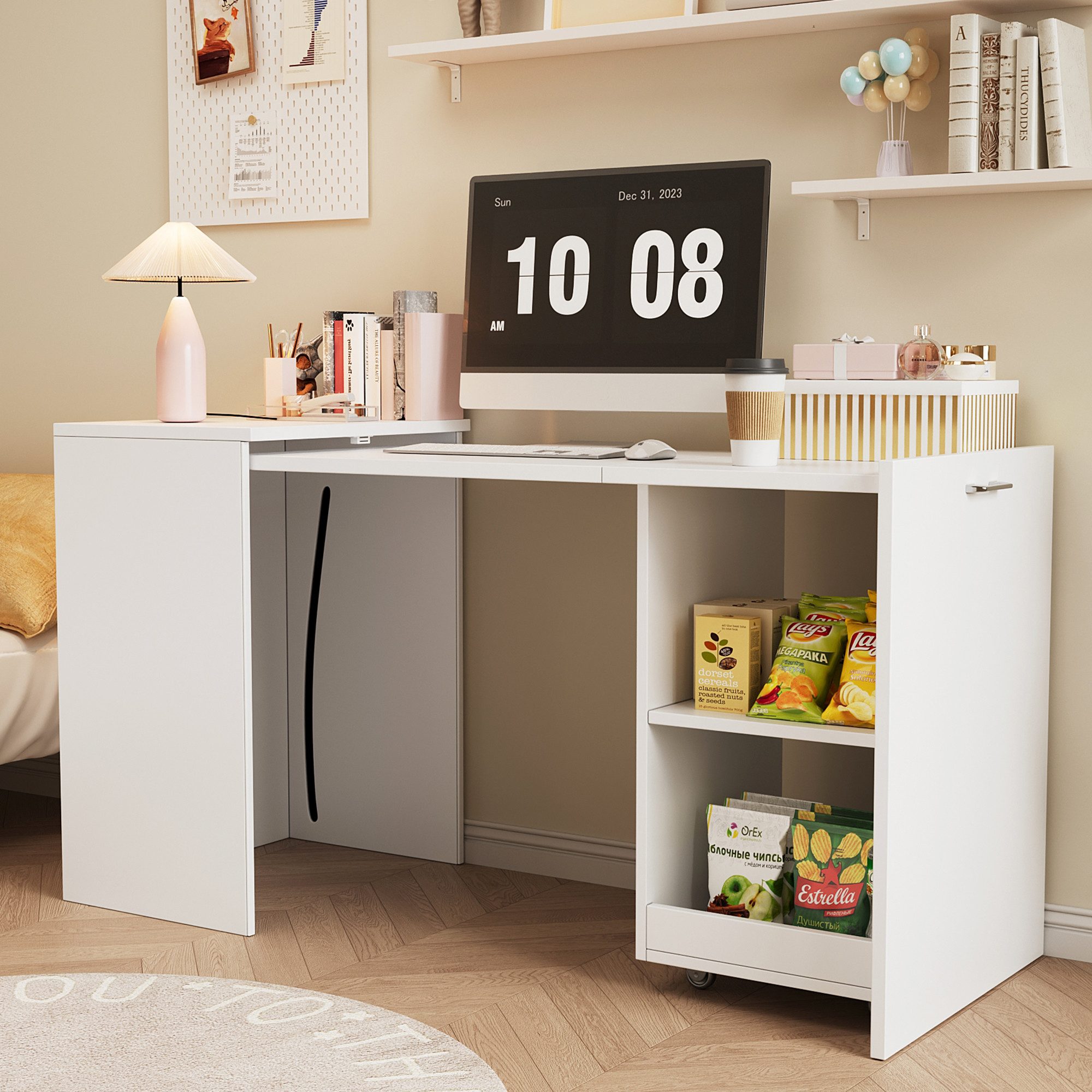 HAUSS SPOLE Schreibtisch mit Schrankfunktion,Klapptisch mit Rollen & zwei Staufächern,Weiß (2-in-1 Design mit Schreibtisch und Schrank, Praktische Ablagefächer für mehr Ordnung), platzsparende Lösung, für kleinere Räume