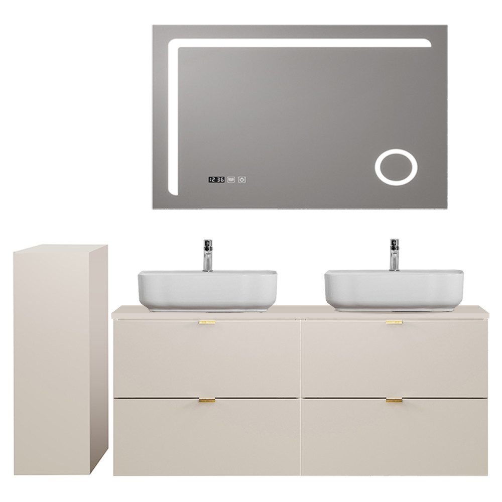 Lomadox Badmöbel-Set DURANGO-56, (Spar-Set, 3-St., LED-Spiegel Doppelwaschtisch Badschrank), 120cm Waschtisch, kaschmir, verschiedene Grifffarben, LED-Spiegel