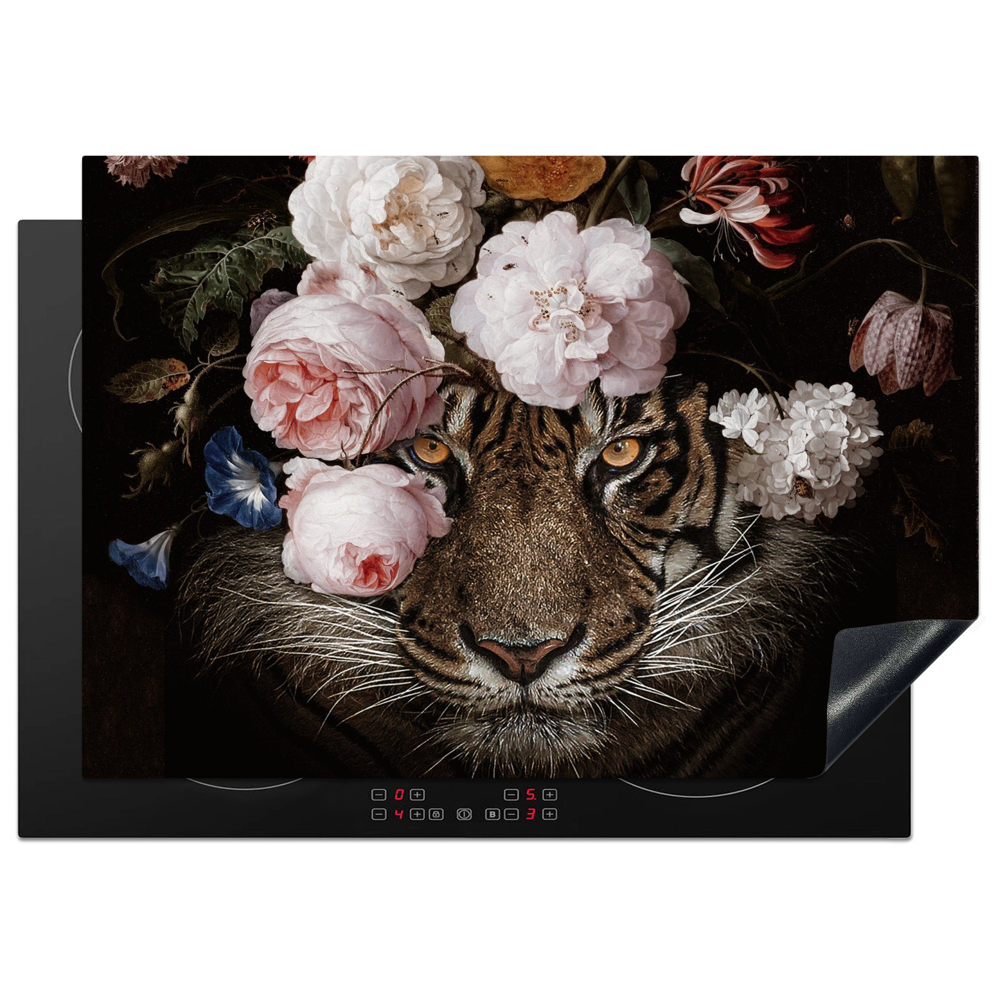 MuchoWow Herdblende-/Abdeckplatte Blumen - Jan Davidsz de Heem - Tiger - Gemälde - Stillleben - Alte, Vinyl, (1 tlg), 75x52 cm, Mobile Arbeitsfläche nutzbar, Ceranfeldabdeckung