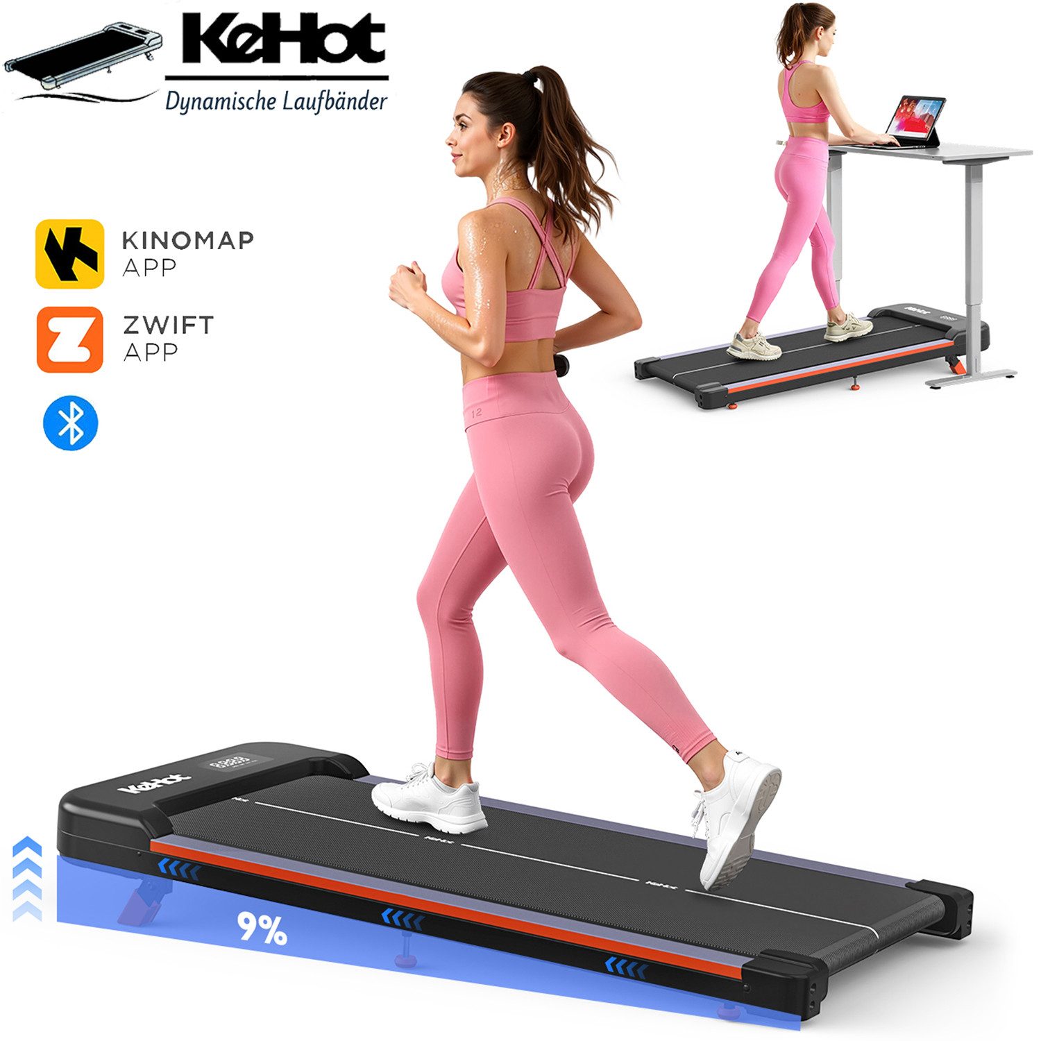 WILGOON Laufband Flaches WalkingPad mit 9% Steigung & Leisem Motor für Home & Office (Kompakte Laufplatte mit 1–6 km/h,Bluetooth-APP,Gelenkschonendem Design, 38×94 cm Lauffläche, LED-Display für Zeit, Distanz, Kalorien & Tempo), Stabile Konstruktion bis 100 kg,ideal zum Gehen unter dem Schreibtisch