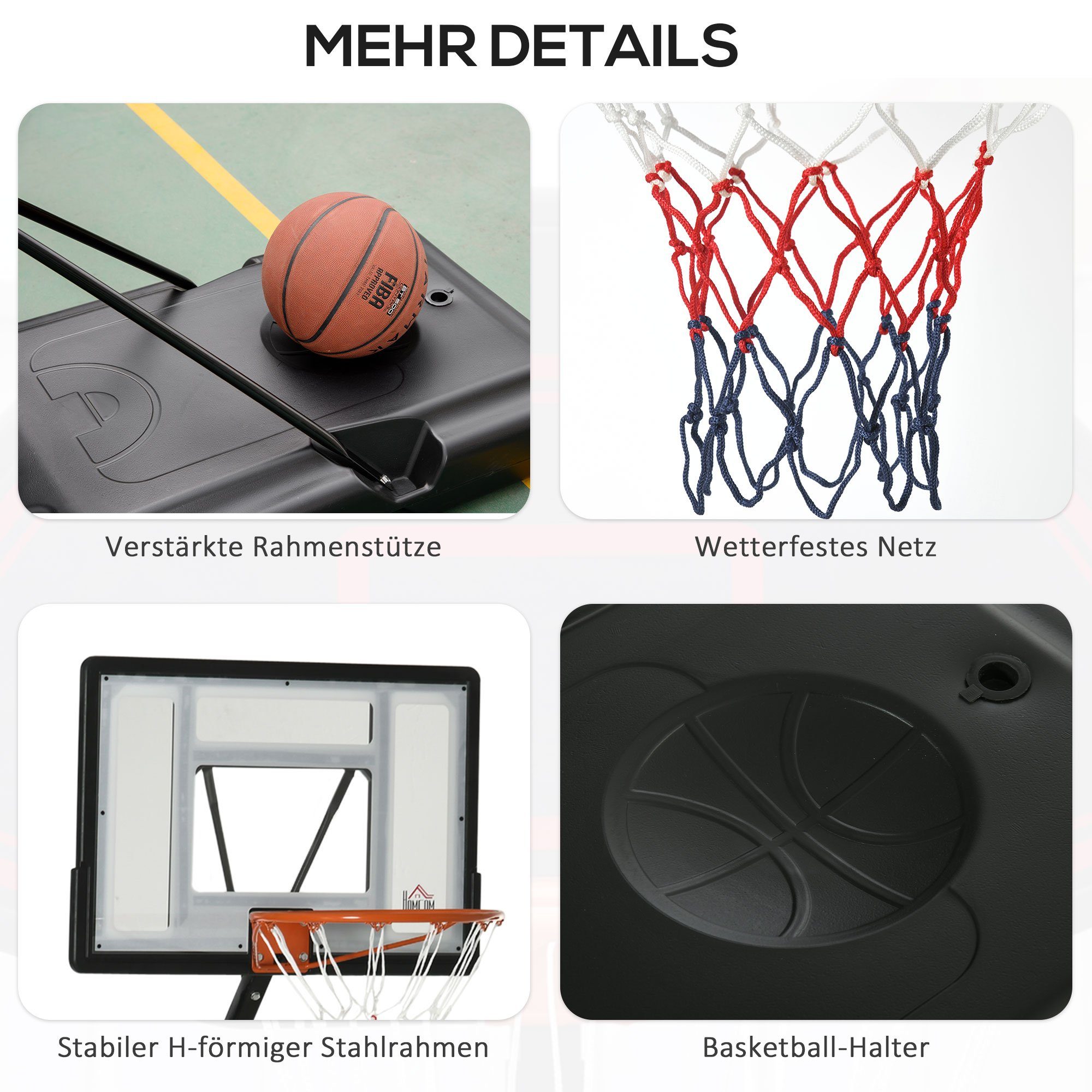 (Set, cm Kunststoff x Außen- Rädern mit und Innenbereich), geeignet x 60T Ständer HOMCOM höhenverstellbar den für 90B Basketballkorb 1-St., mit Basketballständer 210-260H Stahl Schwarz