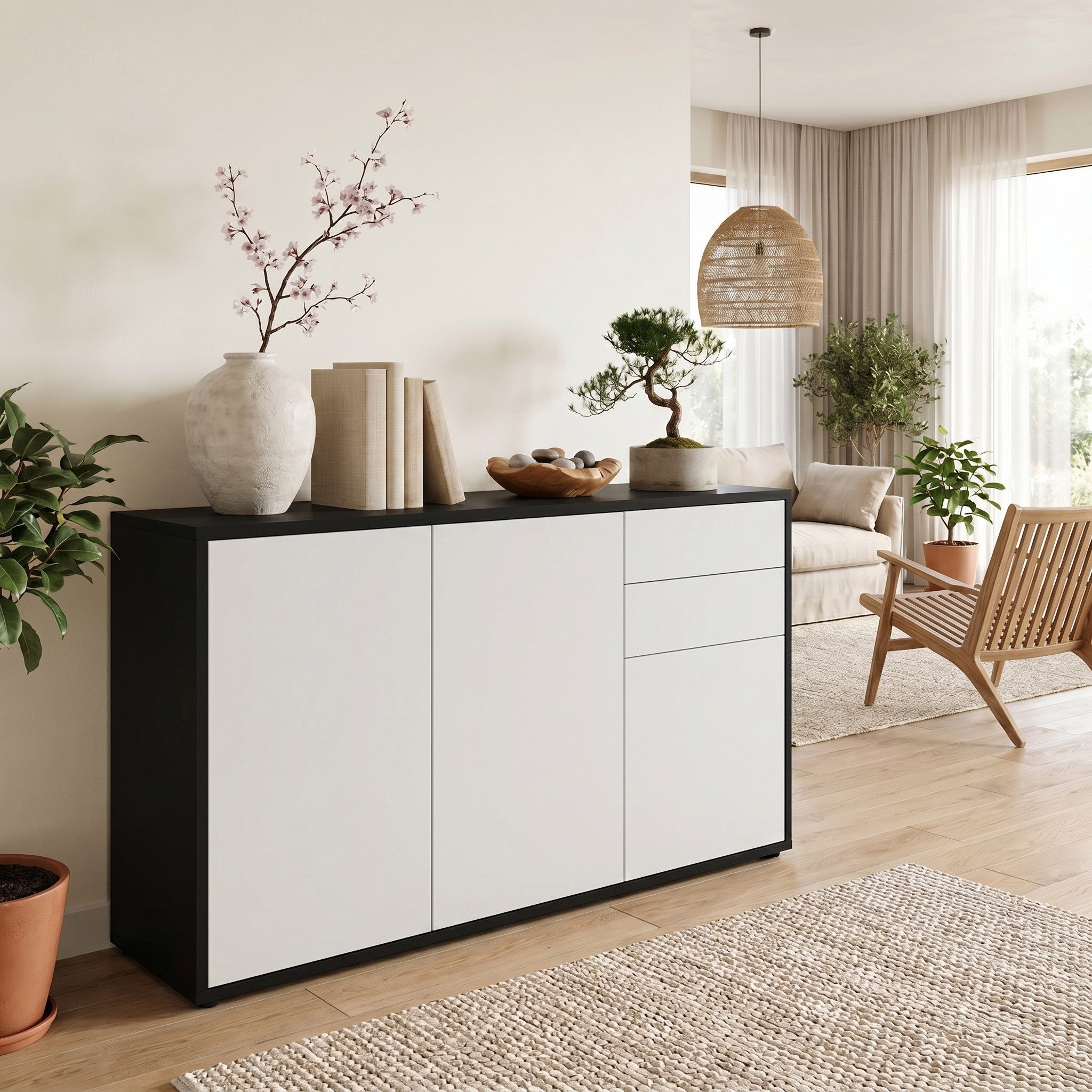Vladon Kommode Ben V3 (Kommode, mit 3 Türen und 2 Schubladen), Schwarz matt/Weiß matt (117 x 74 x 36 cm)