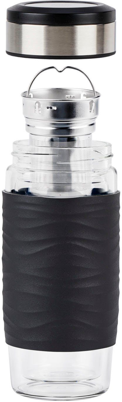 Emsa Thermobecher Tea Mug, 3-tlg., Edelstahl, Glas, Silikon, Teebecher, 400 ml, 100% dicht, 3-teilig, mit herausnehmbarem Tee-Sieb