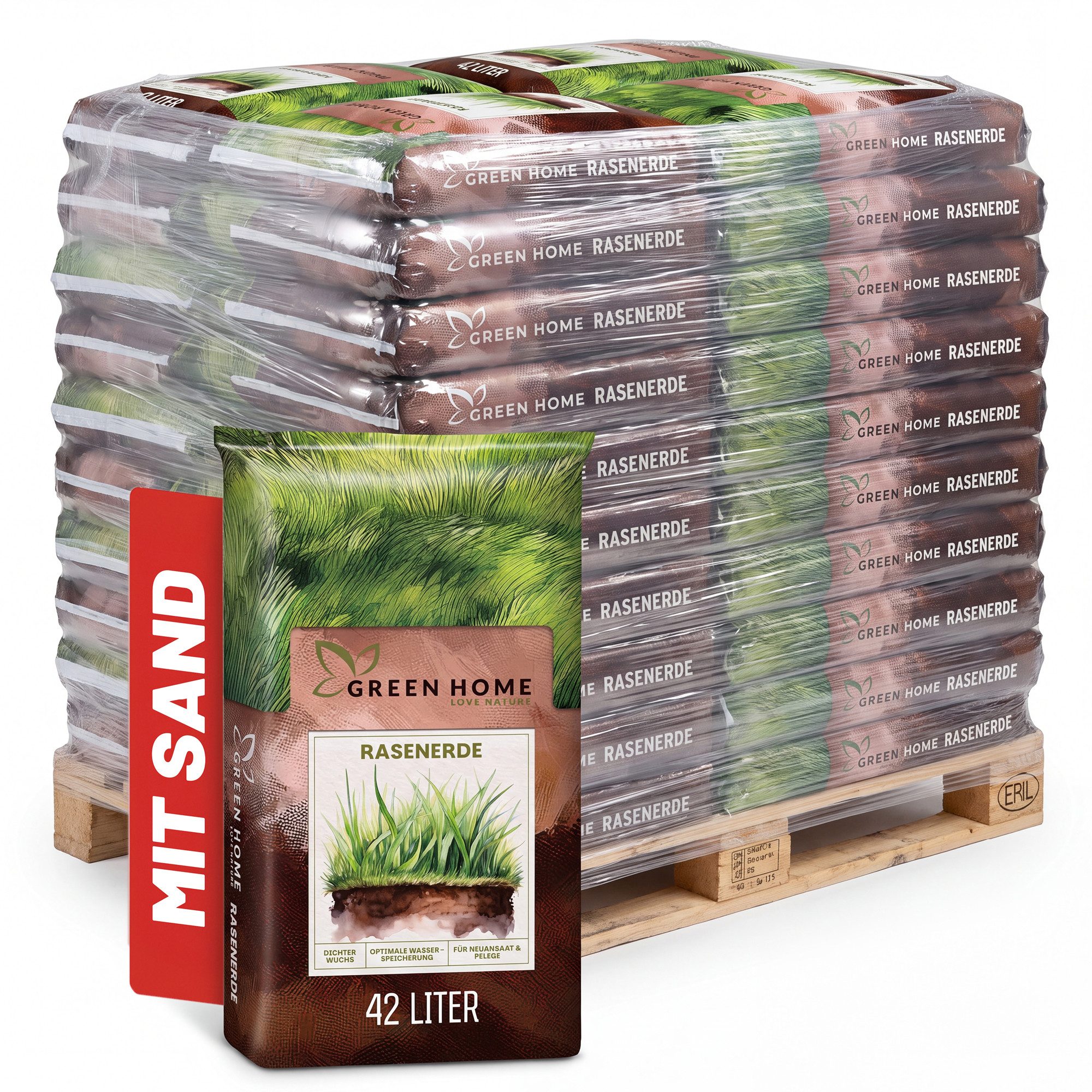 GREEN HOME LOVE NATURE Spezialerde Rasenerde 42 Liter Sack – Spezialerde zur Rasen Neuanlage & Nachsaat 54x42 L, rasen erde, rasenerde mit sand, turbogrün, substrat, rasensand