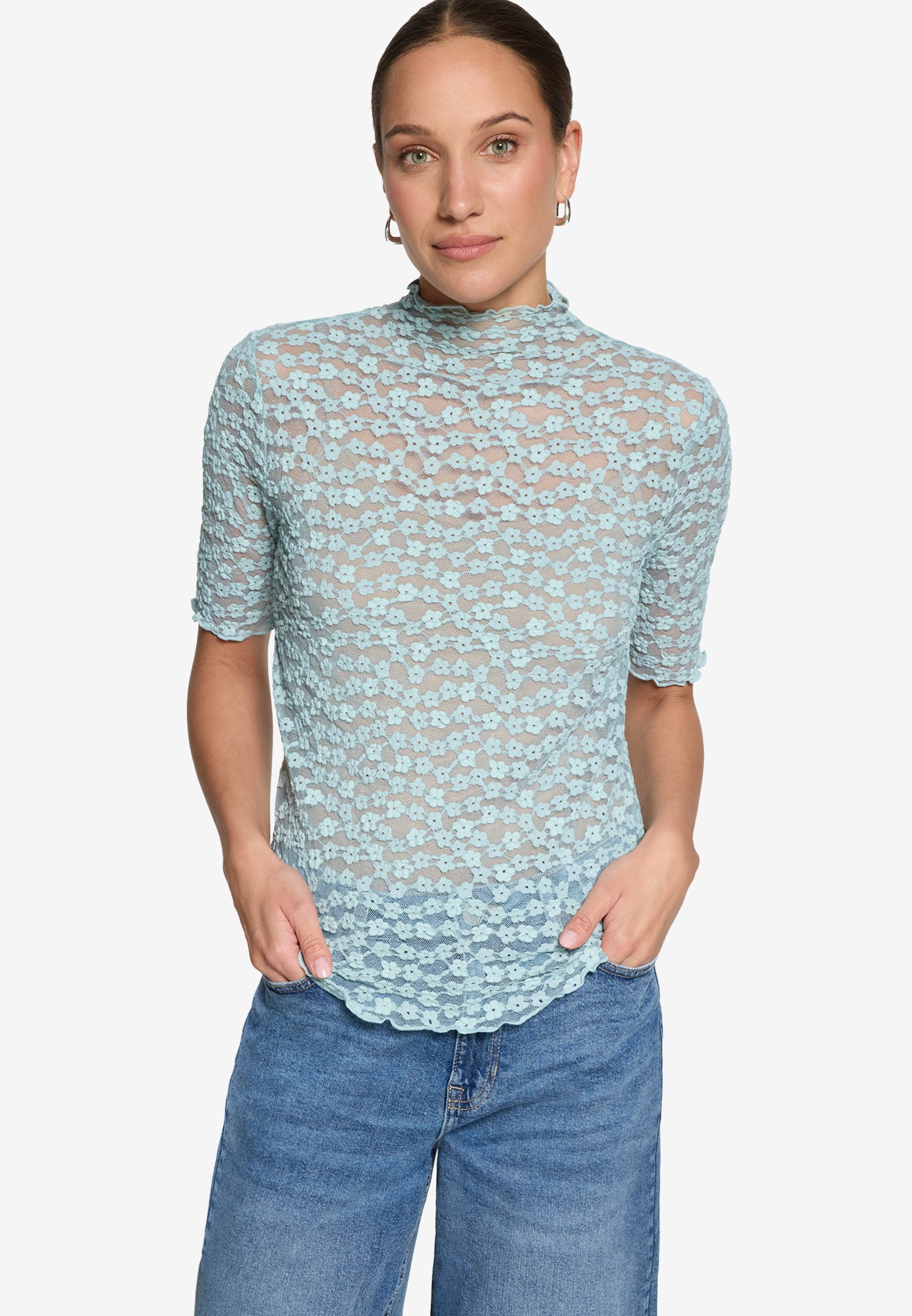 Zero Sweatjacke Spitzenshirt mit Stehkragen günstig online kaufen