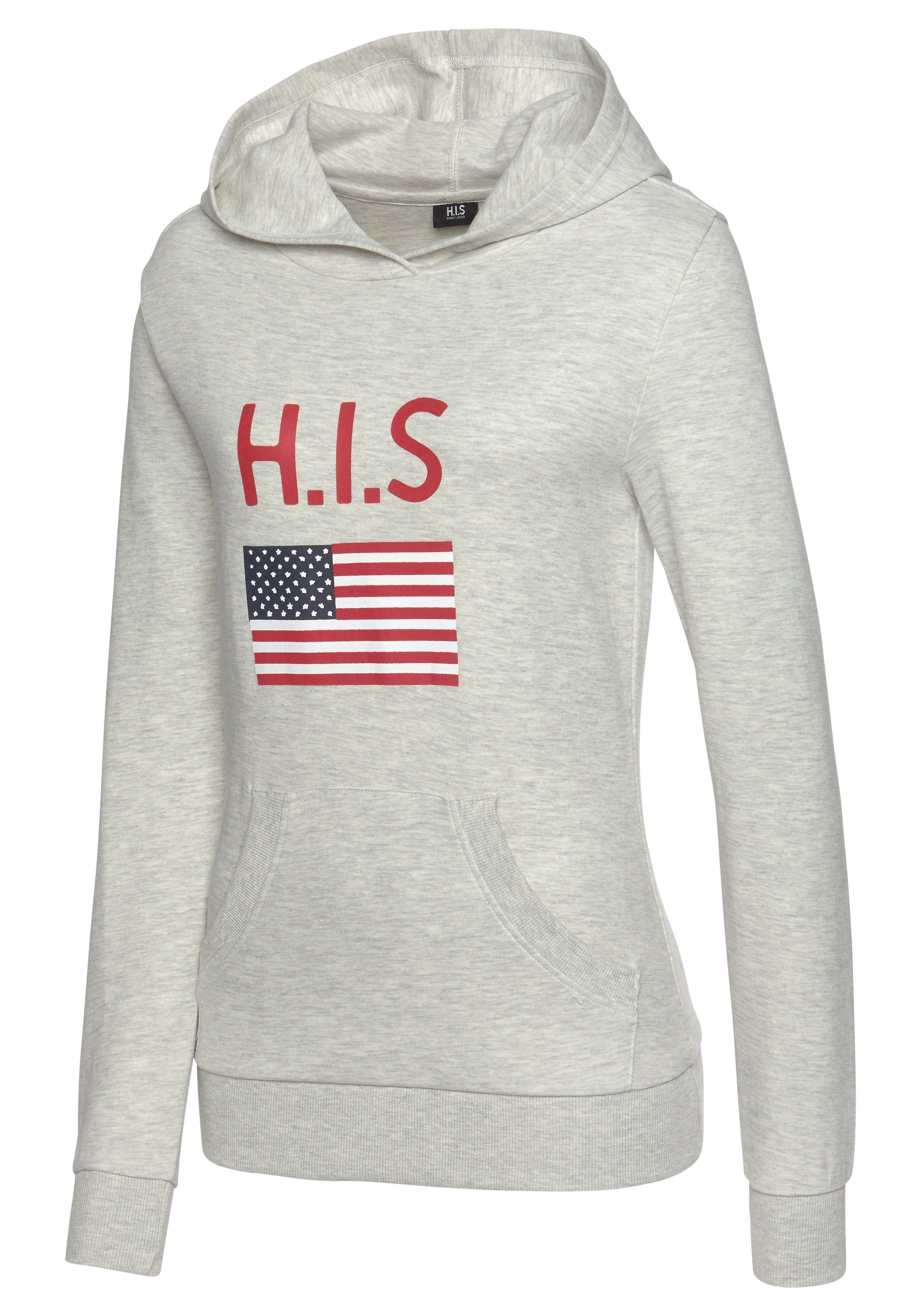 Kapuzensweatshirt H.I.S Logodruck Hoodie und Kängurutasche, Loungeanzug, grau-meliert mit