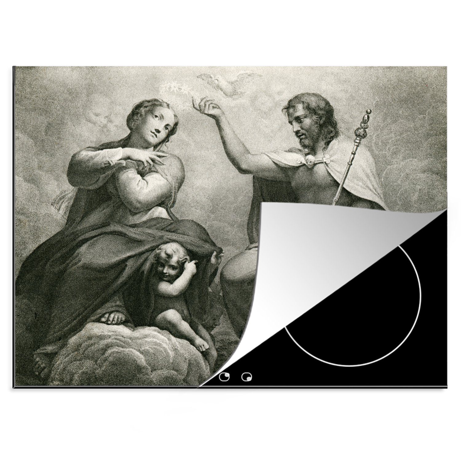 MuchoWow Herdblende-/Abdeckplatte Krönung Mariens - Kupferstich von Antonio da Correggio, Vinyl, (1 tlg), 70x52 cm, Mobile Arbeitsfläche nutzbar, Ceranfeldabdeckung