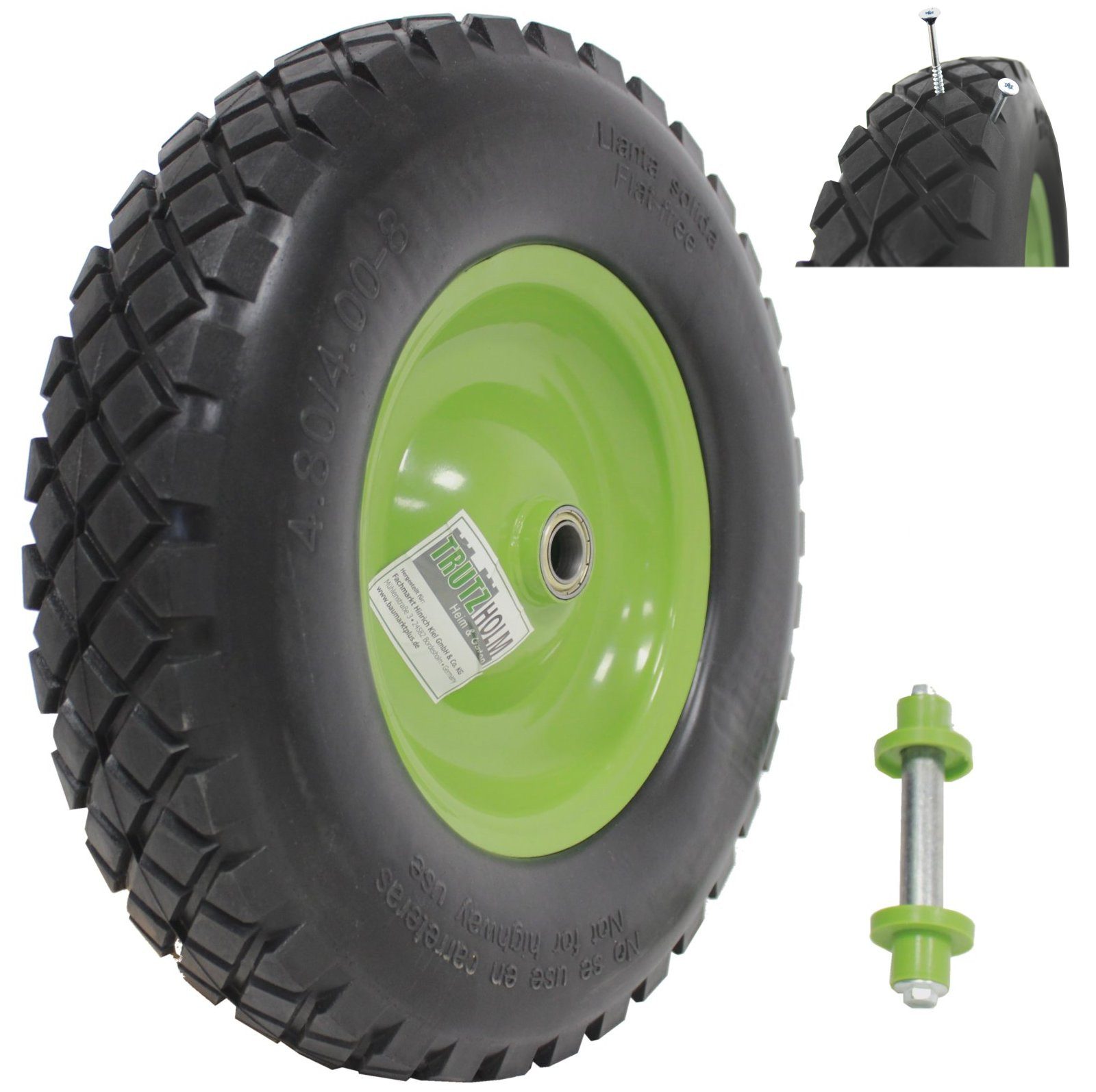 Schubkarren-Rad grün/Schwarz Vollgummi 4.80/4.00-8 + Achse Ersatzrad Reifen PU