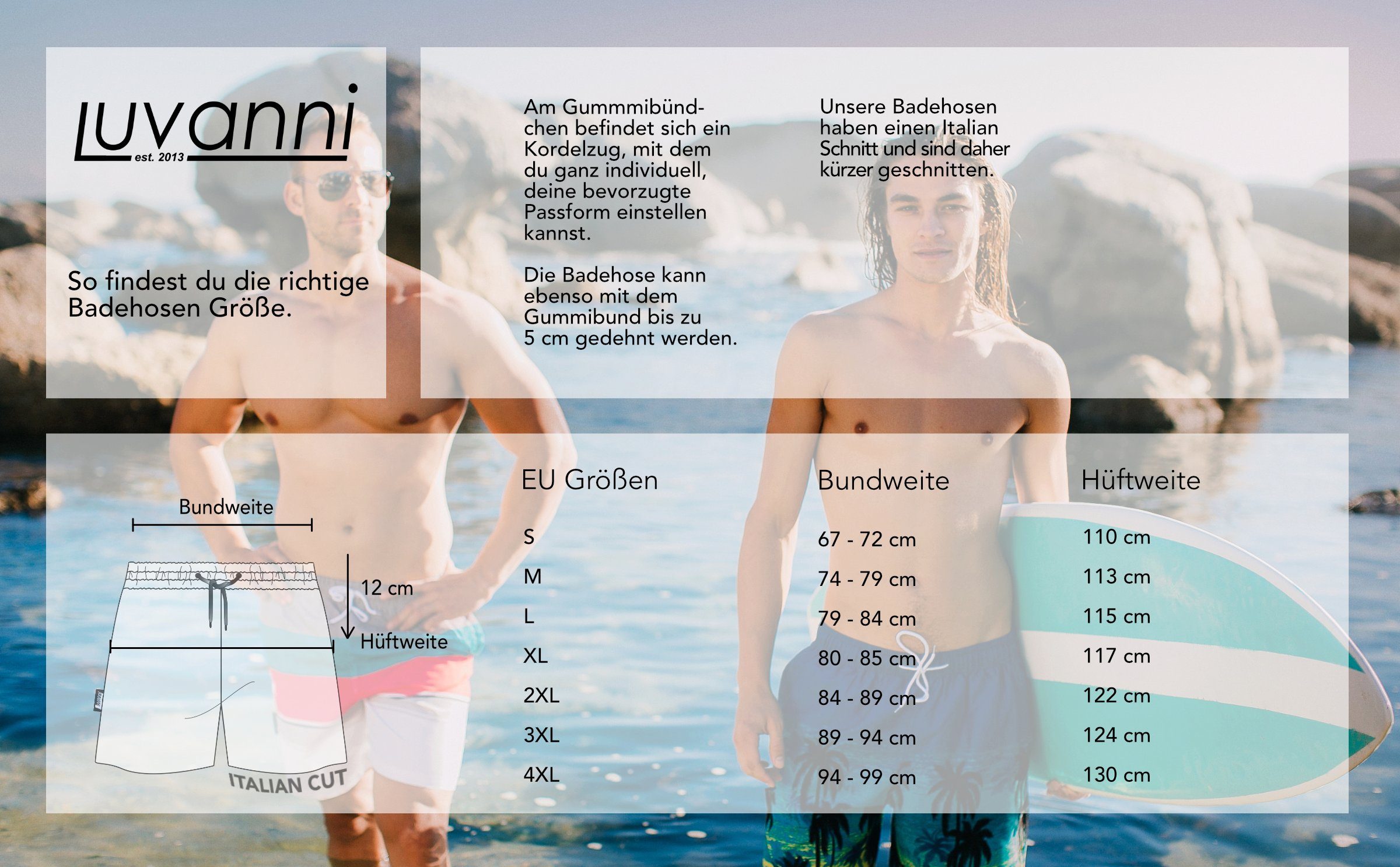 Luvanni Badehose Badehose Herren Schnelltrocknende Beachshorts 22-24 Badeshorts Kordelzug Boardshorts Schwimmhose Männer mit Palmen Palm Insel