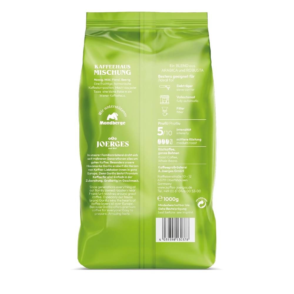 Gorilla Kaffee Joerges Kaffeehaus ganze Kaffeebohnen geröstet, 10 x 1000 g, Besonders milder Geschmack